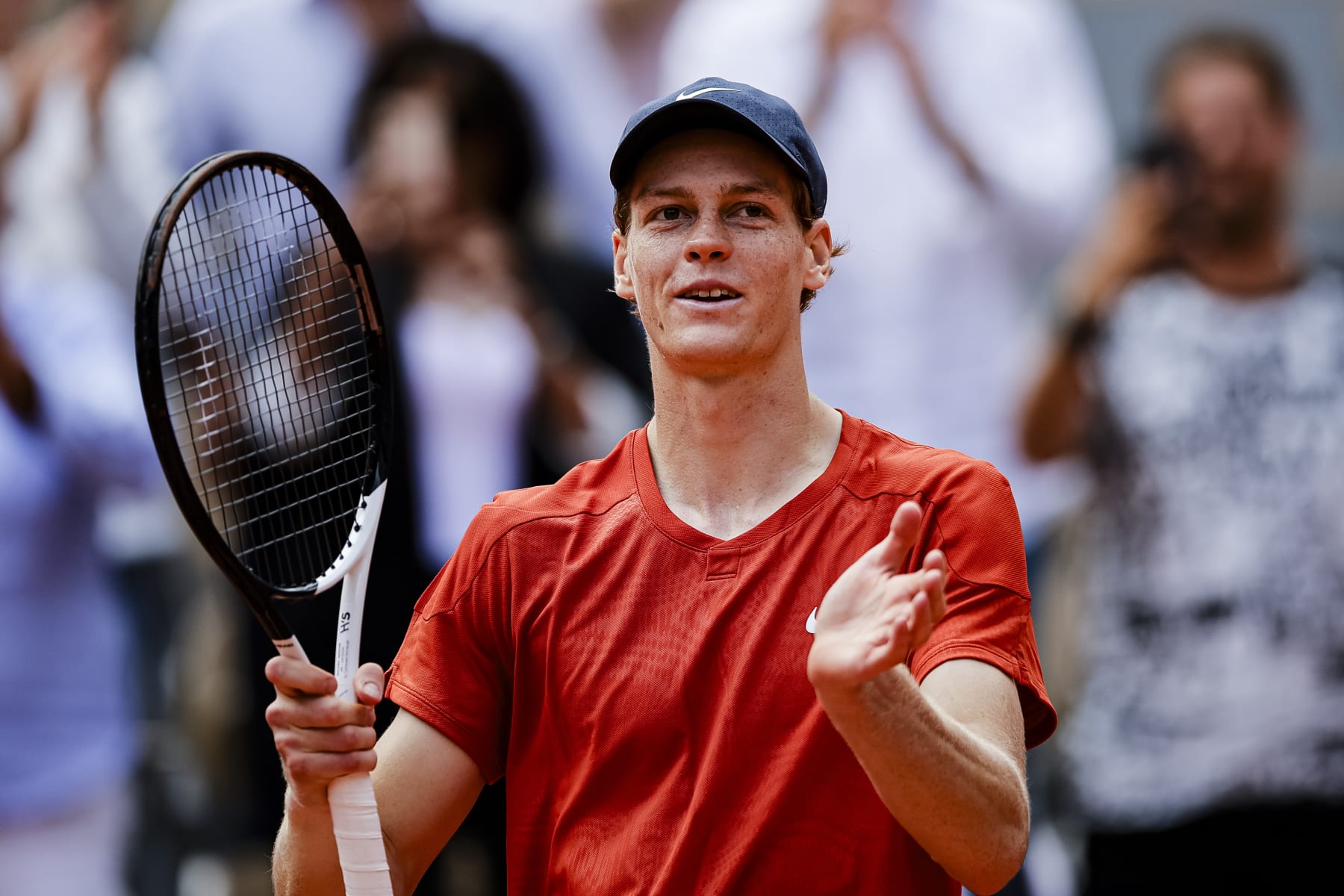 PARIS, FRANCE - JUNE 4: Jannik Sinner of Italy celebrates after winning his match against Grigor Dimitrov of Bulgaria during the Men's Single Quarter Finals of 2024 French Open - Day 10 at Roland Garros on June 4, 2024 in Paris, France. (Photo by Antonio Borga/Eurasia Sport Images/Getty Images)