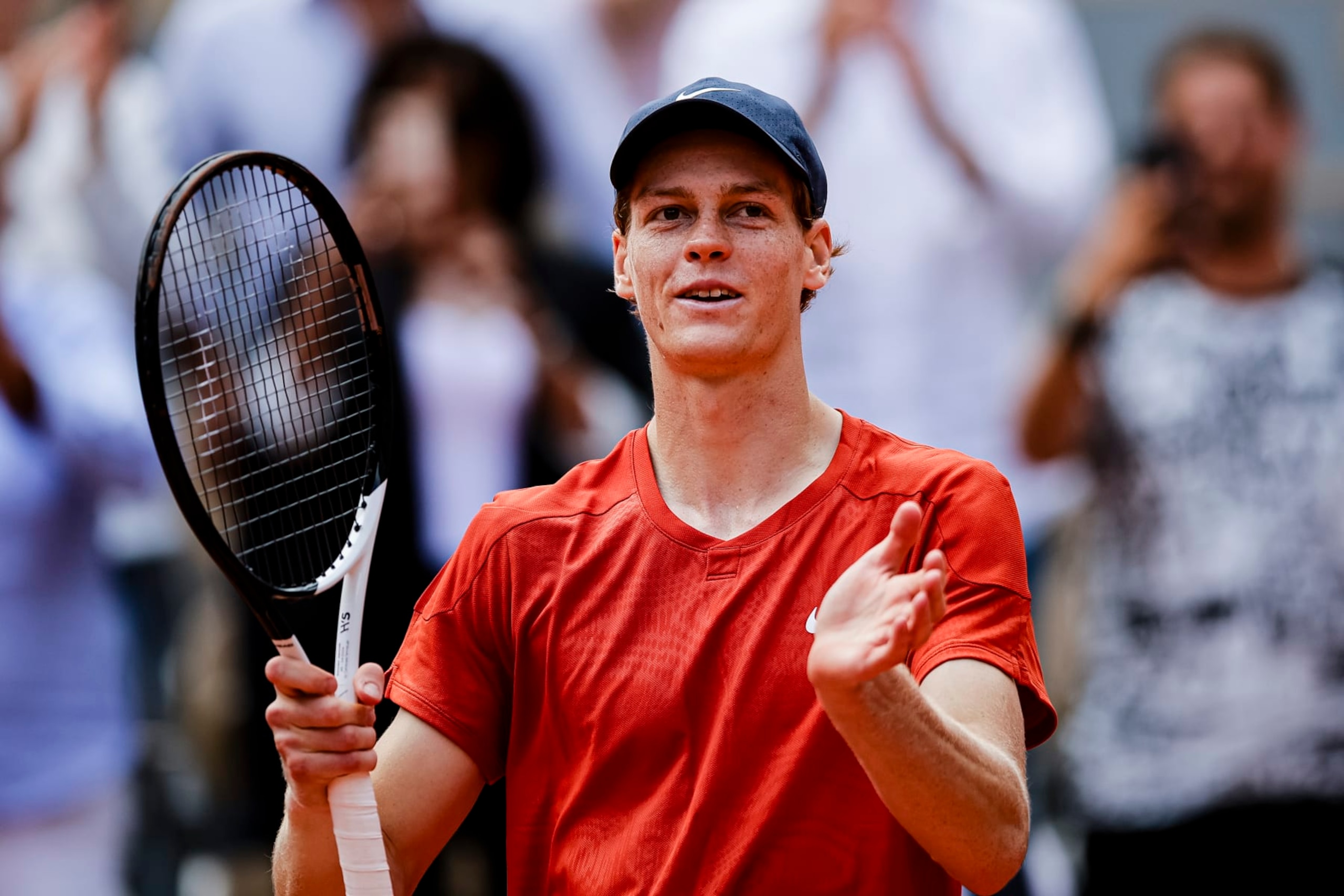 PARIS, FRANCE - JUNE 4: Jannik Sinner of Italy celebrates after winning his match against Grigor Dimitrov of Bulgaria during the Men's Single Quarter Finals of 2024 French Open - Day 10 at Roland Garros on June 4, 2024 in Paris, France. (Photo by Antonio Borga/Eurasia Sport Images/Getty Images)