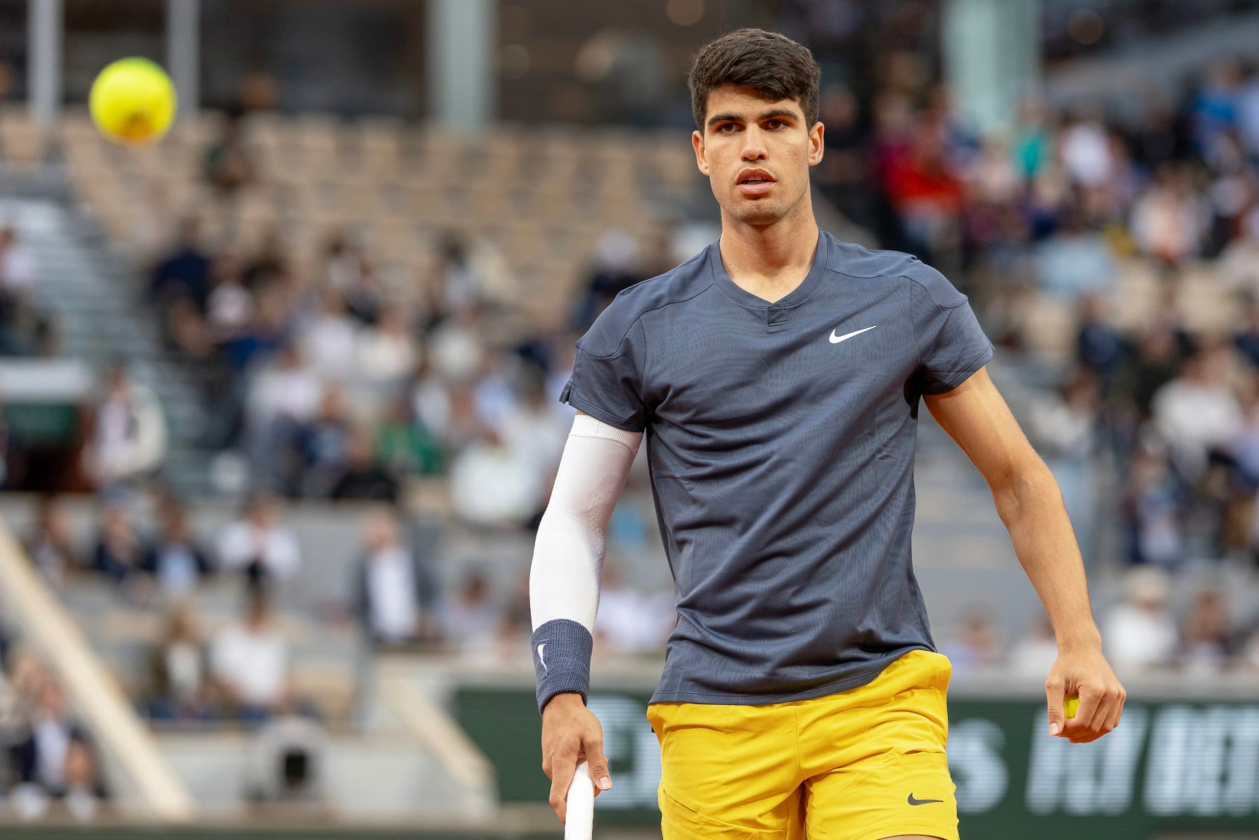 PARIS, FRANCE - June 04:  Carlos Alcaraz of Spain during his match against Stefanos Tsitsipas of Greece on Court Philippe-Chatrier during the Quarter-Final of the 2024 French Open Tennis Tournament at Roland Garros on June 4th, 2024, in Paris, France. (Photo by Tim Clayton/Corbis via Getty Images)