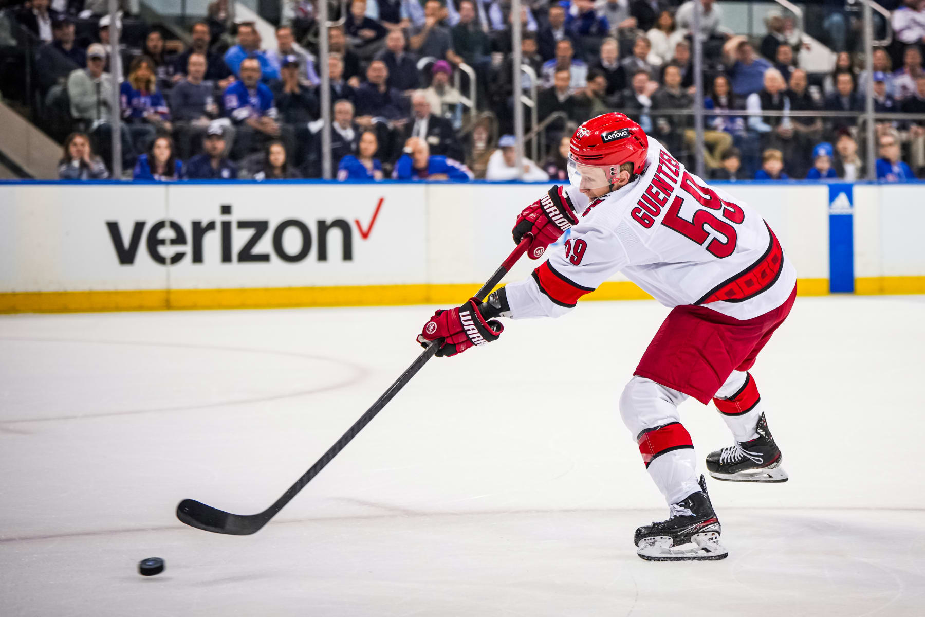 NEW YORK, NEW YORK- MAY 13: Jake Guentzel #59 of the Carolina Hurricanes shoots the puck during the first period against the New York Rangers in Game Five of the Second Round of the 2024 Stanley Cup Playoffs at Madison Square Garden on May 13, 2024 in New York City. (Photo by Josh Lavallee/NHLI via Getty Images)