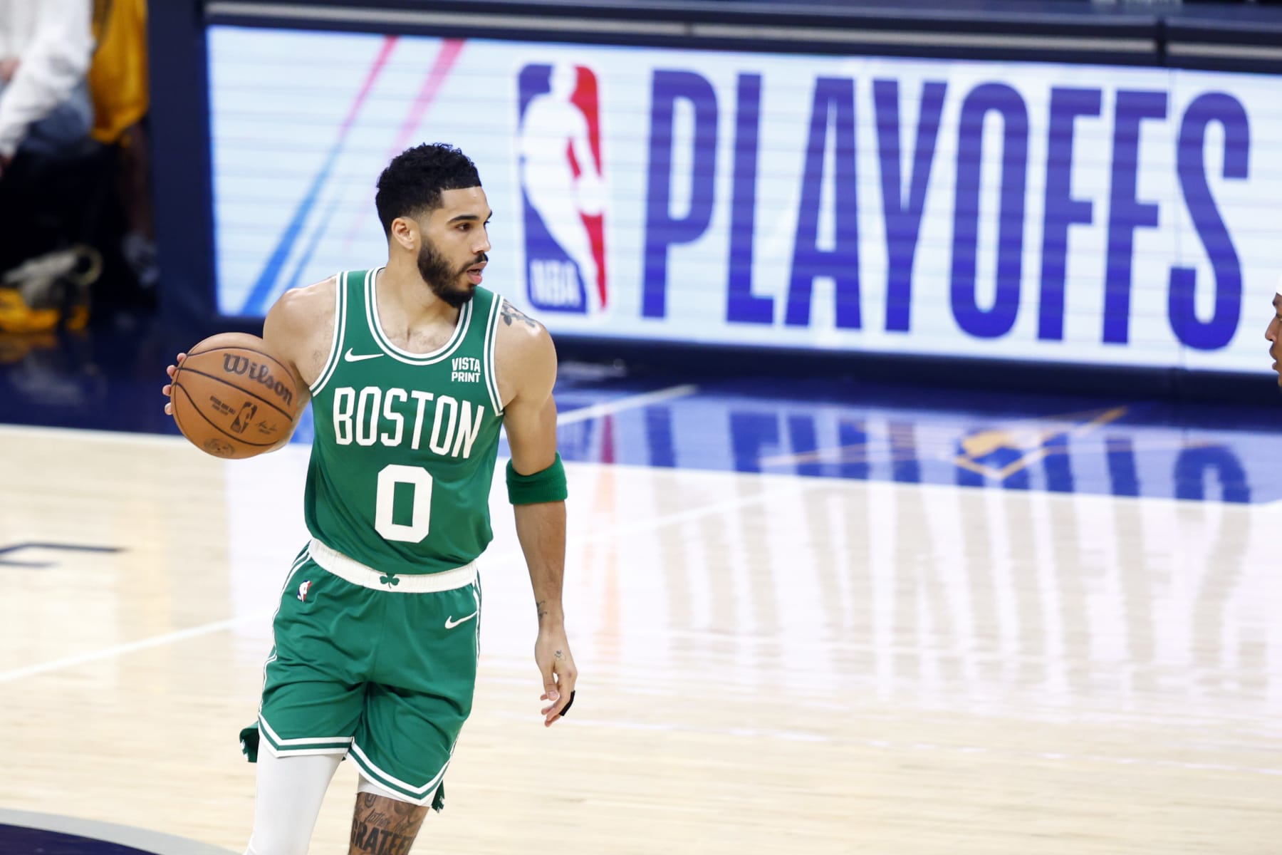 Indianapolis, IN - May 27: Boston Celtics forward Jayson Tatum dribbles in the first quarter of Game 4 of the 2024 Eastern Conference Finals. (Photo by Danielle Parhizkaran/The Boston Globe via Getty Images)
