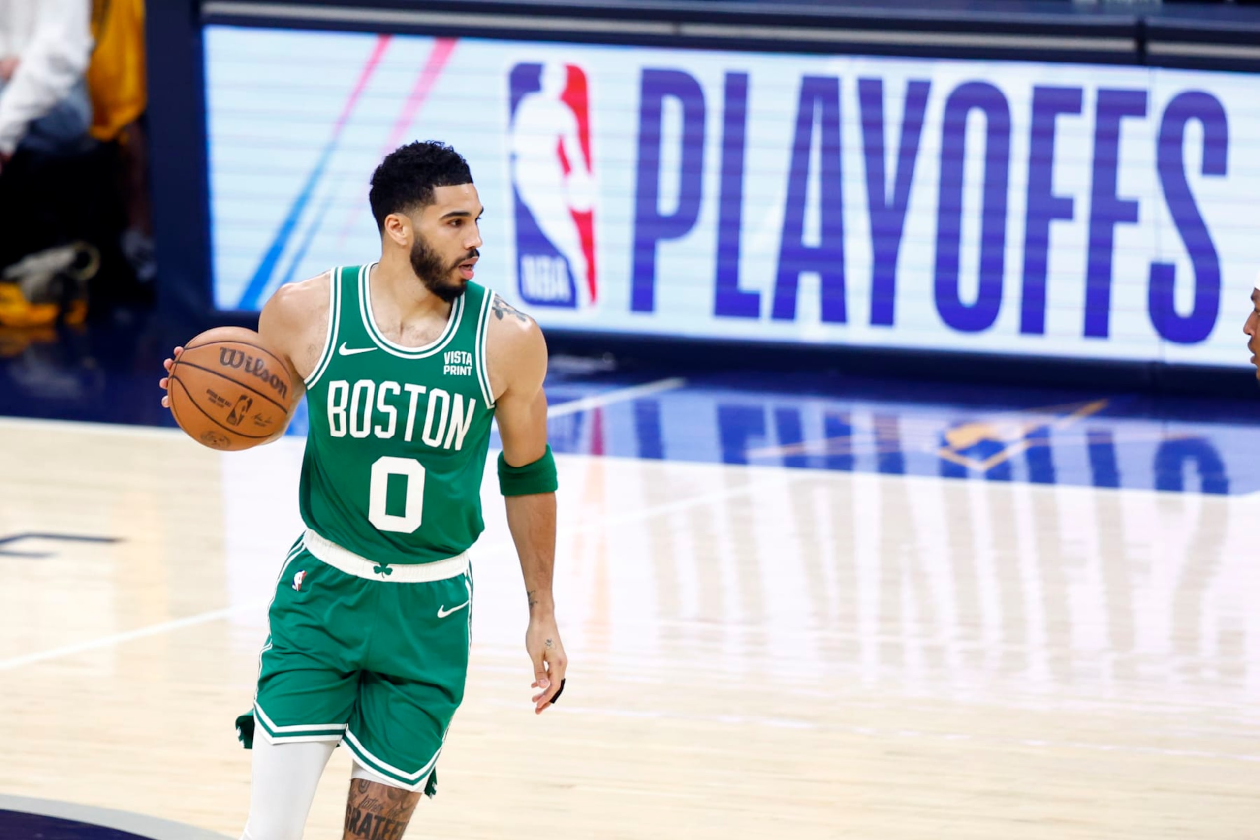 Indianapolis, IN - May 27: Boston Celtics forward Jayson Tatum dribbles in the first quarter of Game 4 of the 2024 Eastern Conference Finals. (Photo by Danielle Parhizkaran/The Boston Globe via Getty Images)