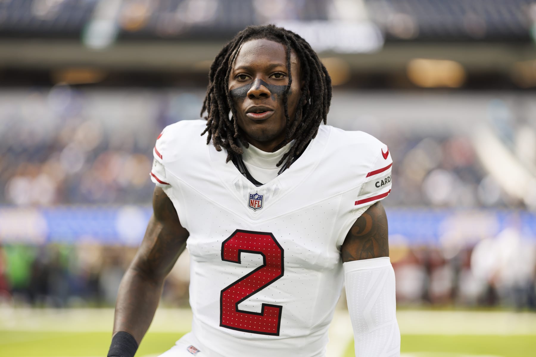 INGLEWOOD, CALIFORNIA - OCTOBER 15: Marquise Brown #2 of the Arizona Cardinals looks on during pregame warmups before an NFL football game against the Los Angeles Rams at SoFi Stadium on October 15, 2023 in Inglewood, California. (Photo by Ryan Kang/Getty Images)