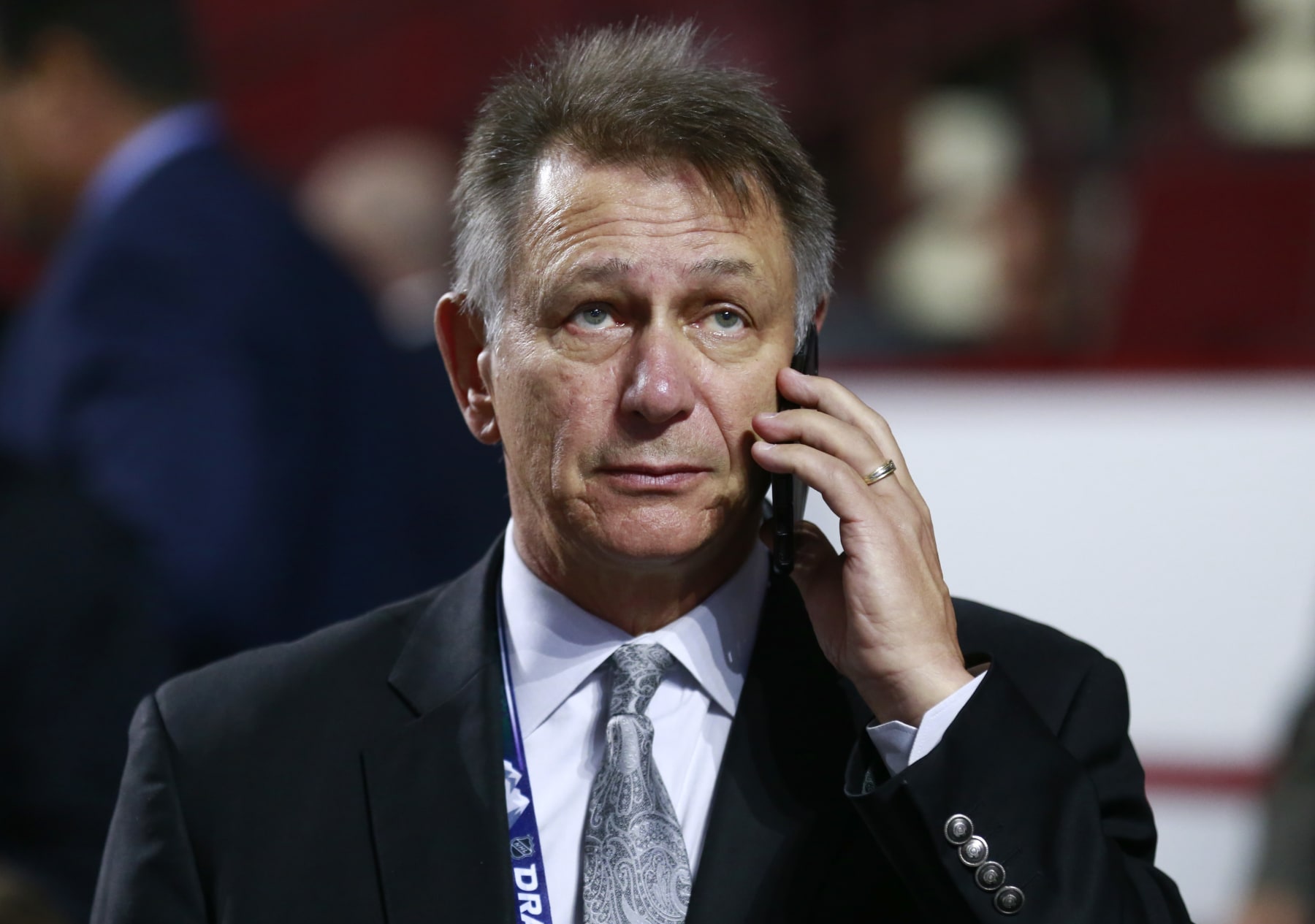 VANCOUVER, BRITISH COLUMBIA - JUNE 22: General manager Ken Holland of the Edmonton Oilers is seen talking of the phone during Rounds 2-7 of the 2019 NHL Draft at Rogers Arena on June 22, 2019 in Vancouver, Canada. (Photo by Jeff Vinnick/NHLI via Getty Images)
