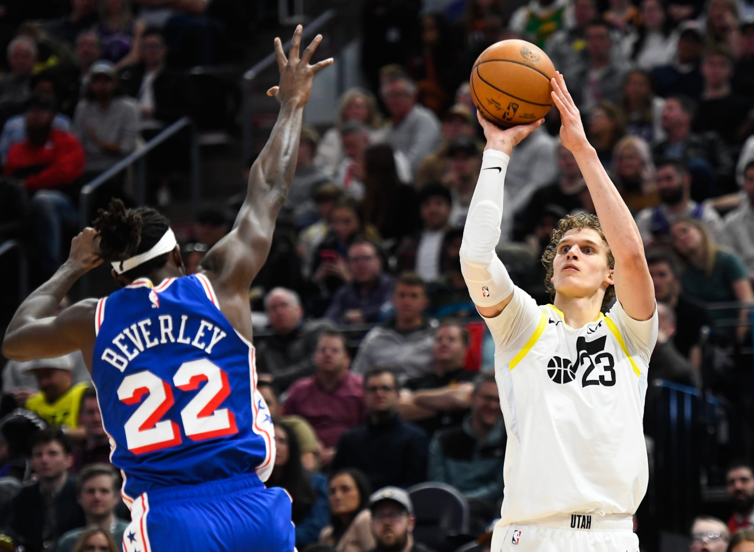 SALT LAKE CITY, UTAH - FEBRUARY 01: Lauri Markkanen #23 of the Utah Jazz shoots over Patrick Beverley #22 of the Philadelphia 76ers during the first half at Delta Center on February 01, 2024 in Salt Lake City, Utah. NOTE TO USER: User expressly acknowledges and agrees that, by downloading and or using this photograph, User is consenting to the terms and conditions of the Getty Images License Agreement. (Photo by Alex Goodlett/Getty Images) SALT LAKE CITY, UTAH - FEBRUARY 01: Lauri Markkanen #23 of the Utah Jazz shoots over Patrick Beverley #22 of the Philadelphia 76ers during the first half at Delta Center on February 01, 2024 in Salt Lake City, Utah. NOTE TO USER: User expressly acknowledges and agrees that, by downloading and or using this photograph, User is consenting to the terms and conditions of the Getty Images License Agreement. (Photo by Alex Goodlett/Getty Images)