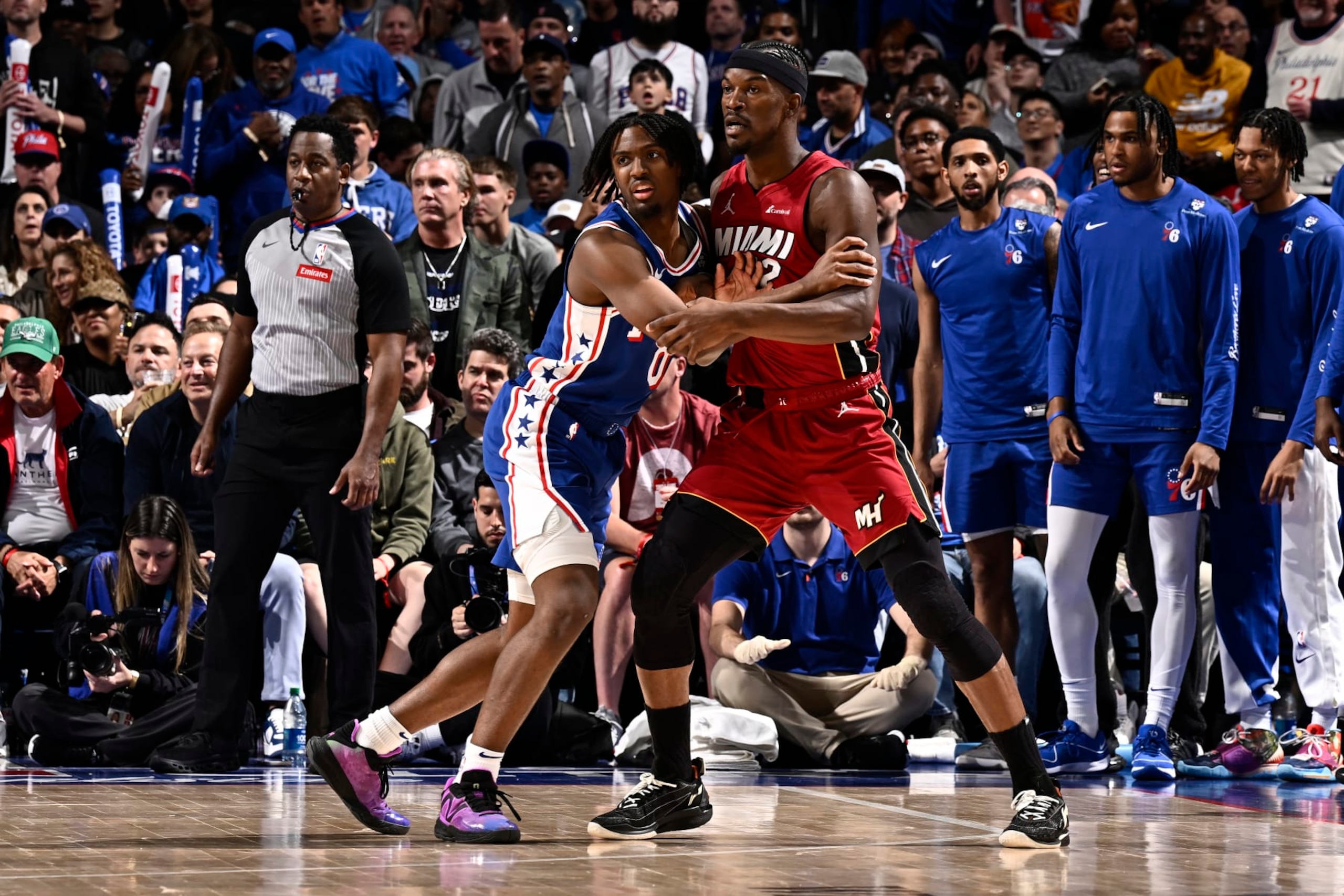 PHILADELPHIA, PA - APRIL 17: Tyrese Maxey #0 of the Philadelphia 76ers and Jimmy Butler #22 of the Miami Heat battle for position during the 2024 NBA Play-In Tournament on April 17, 2024 at the Wells Fargo Center in Philadelphia, Pennsylvania NOTE TO USER: User expressly acknowledges and agrees that, by downloading and/or using this Photograph, user is consenting to the terms and conditions of the Getty Images License Agreement. Mandatory Copyright Notice: Copyright 2024 NBAE (Photo by David Dow/NBAE via Getty Images) PHILADELPHIA, PA - APRIL 17: Tyrese Maxey #0 of the Philadelphia 76ers and Jimmy Butler #22 of the Miami Heat battle for position during the 2024 NBA Play-In Tournament on April 17, 2024 at the Wells Fargo Center in Philadelphia, Pennsylvania NOTE TO USER: User expressly acknowledges and agrees that, by downloading and/or using this Photograph, user is consenting to the terms and conditions of the Getty Images License Agreement. Mandatory Copyright Notice: Copyright 2024 NBAE (Photo by David Dow/NBAE via Getty Images)