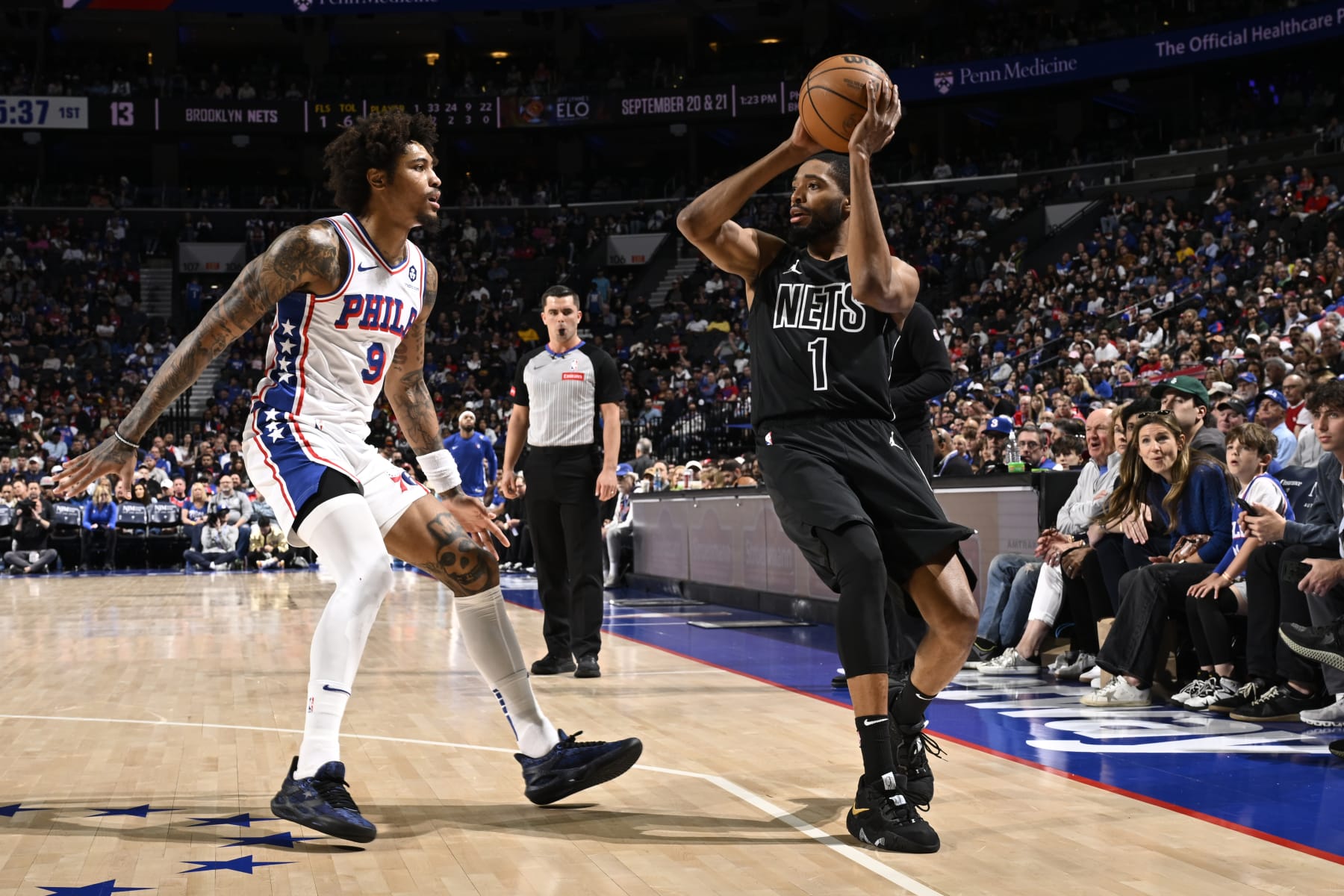 PHILADELPHIA, PA - APRIL 14: Mikal Bridges #1 of the Brooklyn Nets passes the ball during the game against the Philadelphia 76ers on April 14, 2024 at the Wells Fargo Center in Philadelphia, Pennsylvania NOTE TO USER: User expressly acknowledges and agrees that, by downloading and/or using this Photograph, user is consenting to the terms and conditions of the Getty Images License Agreement. Mandatory Copyright Notice: Copyright 2024 NBAE (Photo by David Dow/NBAE via Getty Images)