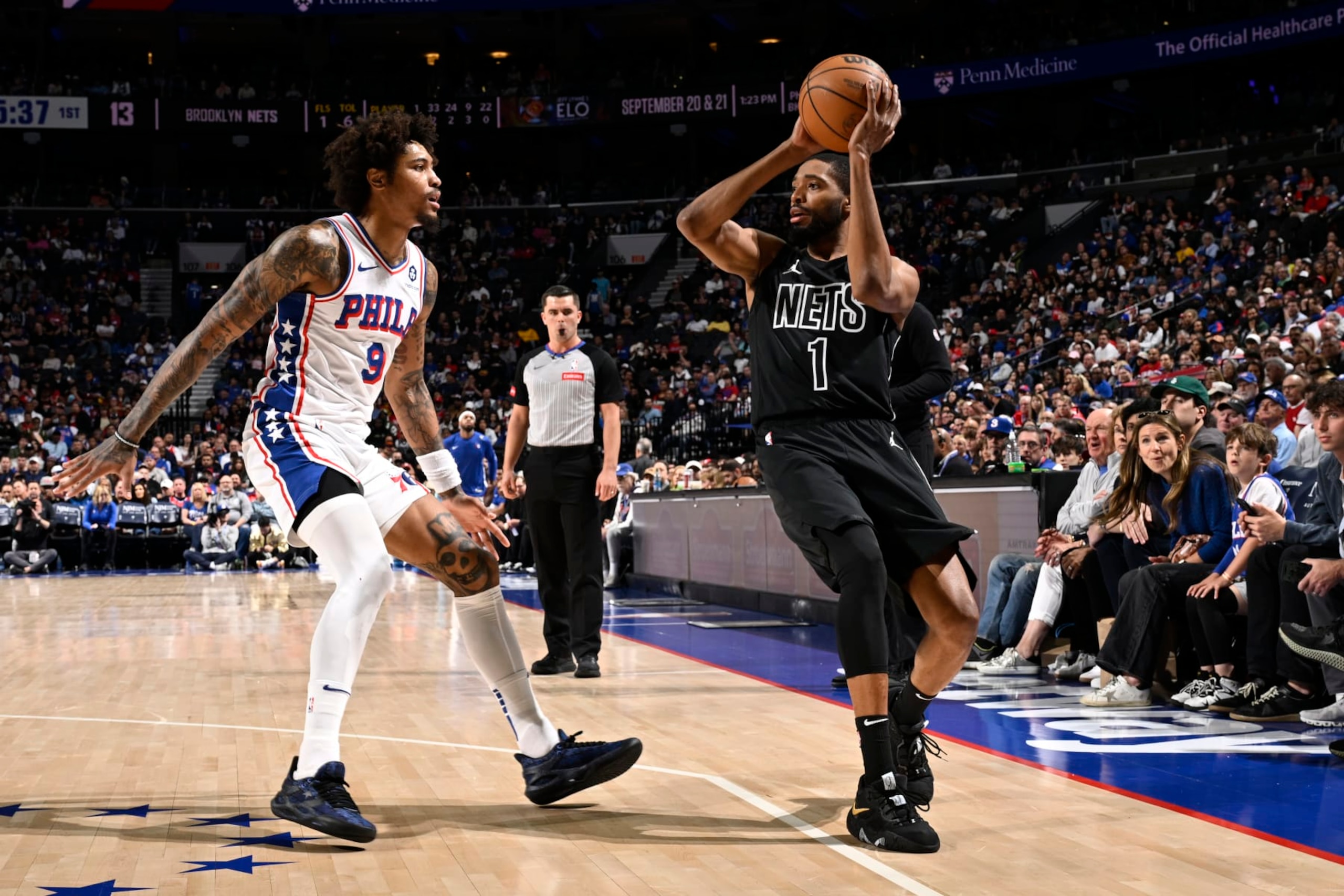 PHILADELPHIA, PA - APRIL 14: Mikal Bridges #1 of the Brooklyn Nets passes the ball during the game against the Philadelphia 76ers on April 14, 2024 at the Wells Fargo Center in Philadelphia, Pennsylvania NOTE TO USER: User expressly acknowledges and agrees that, by downloading and/or using this Photograph, user is consenting to the terms and conditions of the Getty Images License Agreement. Mandatory Copyright Notice: Copyright 2024 NBAE (Photo by David Dow/NBAE via Getty Images) PHILADELPHIA, PA - APRIL 14: Mikal Bridges #1 of the Brooklyn Nets passes the ball during the game against the Philadelphia 76ers on April 14, 2024 at the Wells Fargo Center in Philadelphia, Pennsylvania NOTE TO USER: User expressly acknowledges and agrees that, by downloading and/or using this Photograph, user is consenting to the terms and conditions of the Getty Images License Agreement. Mandatory Copyright Notice: Copyright 2024 NBAE (Photo by David Dow/NBAE via Getty Images)