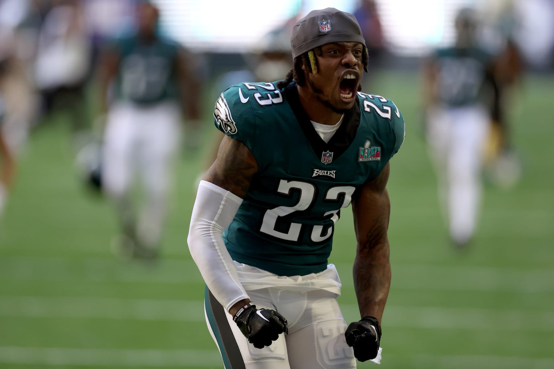 GLENDALE, ARIZONA - FEBRUARY 12: C.J. Gardner-Johnson #23 of the Philadelphia Eagles takes the field prior to playing the Kansas City Chiefs in Super Bowl LVII at State Farm Stadium on February 12, 2023 in Glendale, Arizona. (Photo by Ezra Shaw/Getty Images)