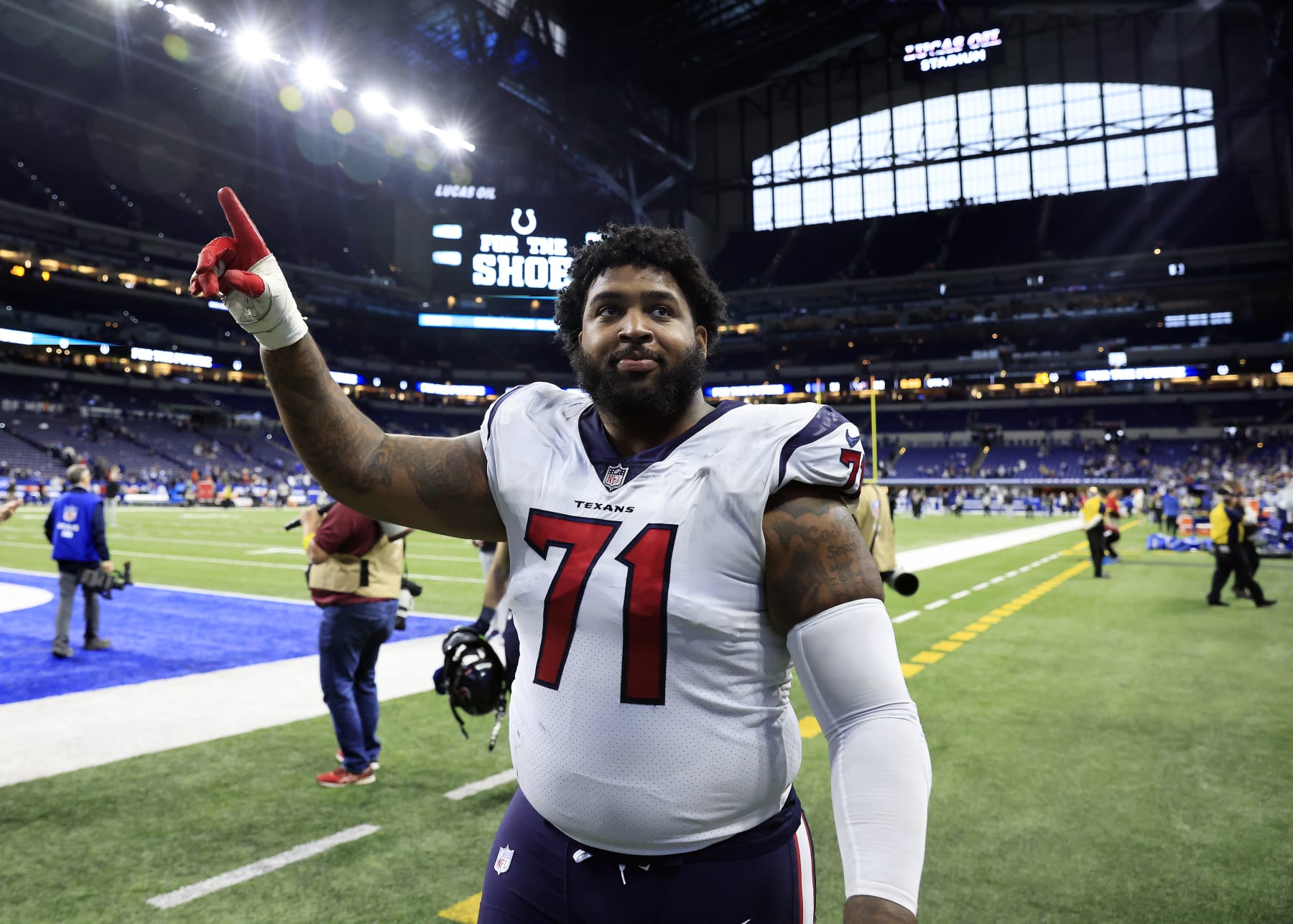 INDIANAPOLIS, INDIANA - JANUARY 08: Tytus Howard #71 of the Houston Texans looks on after the game against the Indianapolis Colts at Lucas Oil Stadium on January 08, 2023 in Indianapolis, Indiana. (Photo by Justin Casterline/Getty Images)