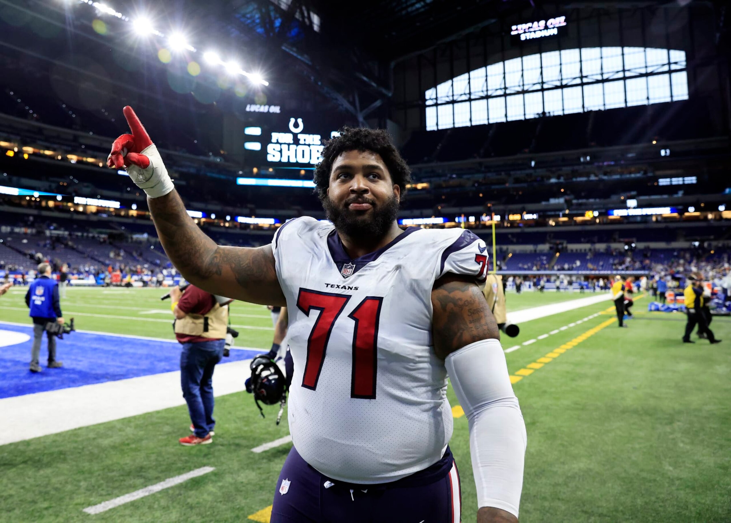 INDIANAPOLIS, INDIANA - JANUARY 08: Tytus Howard #71 of the Houston Texans looks on after the game against the Indianapolis Colts at Lucas Oil Stadium on January 08, 2023 in Indianapolis, Indiana. (Photo by Justin Casterline/Getty Images)