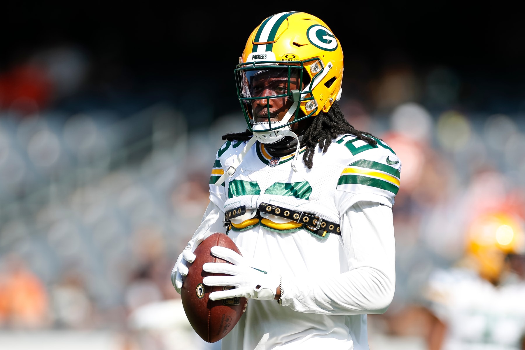 CHICAGO, IL - SEPTEMBER 10: Green Bay Packers safety Darnell Savage (26) warms up prior to a regular season game between the Green Bay Packers and the Chicago Bears on September, 10, 2023, at Soldier Field in Chicago, IL. (Photo by Brandon Sloter/Icon Sportswire via Getty Images)