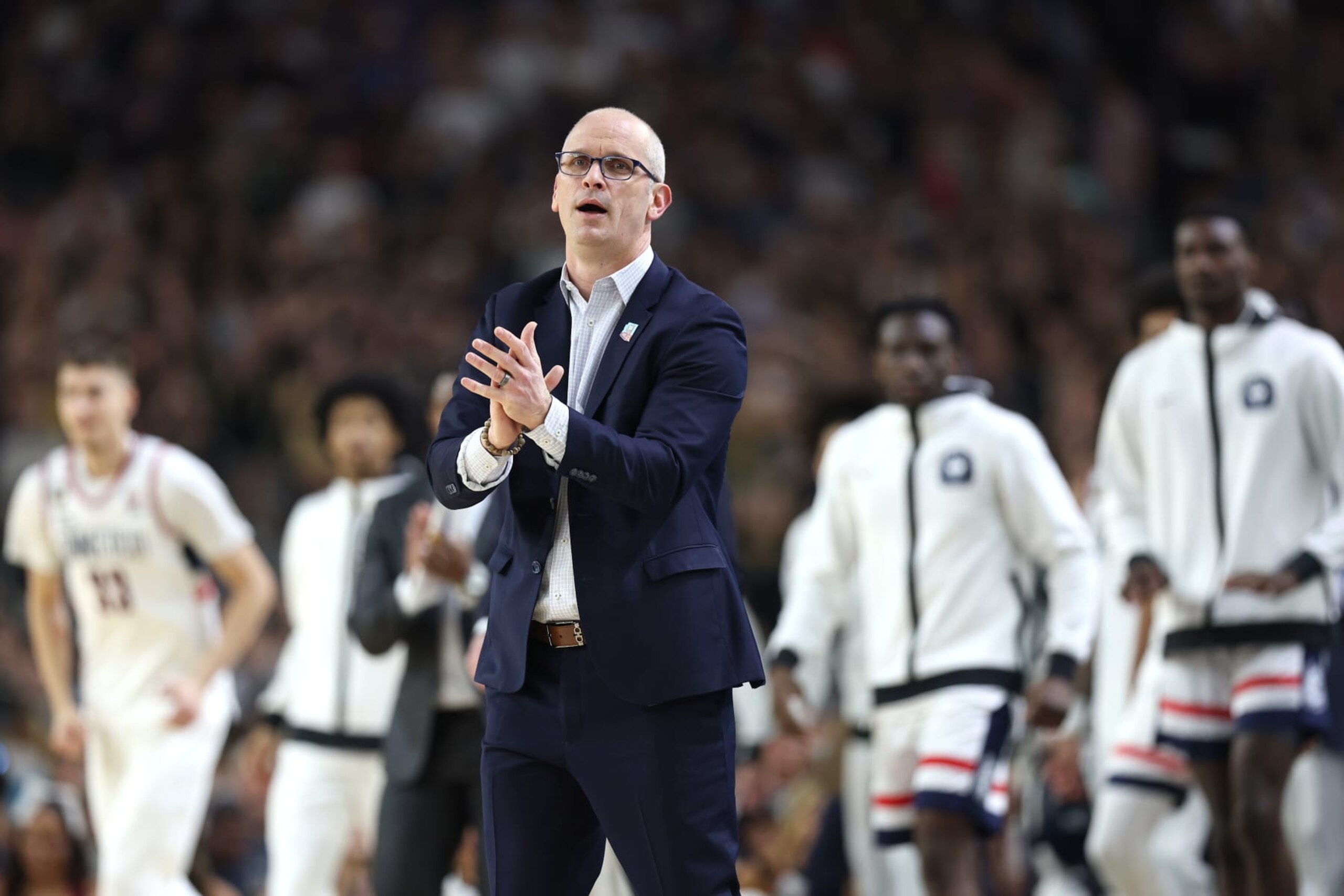 GLENDALE, ARIZONA - APRIL 08: Head coach Dan Hurley of the Connecticut Huskies reacts in the first half against the Purdue Boilermakers during the NCAA Men's Basketball Tournament National Championship game at State Farm Stadium on April 08, 2024 in Glendale, Arizona. (Photo by Jamie Squire/Getty Images)
