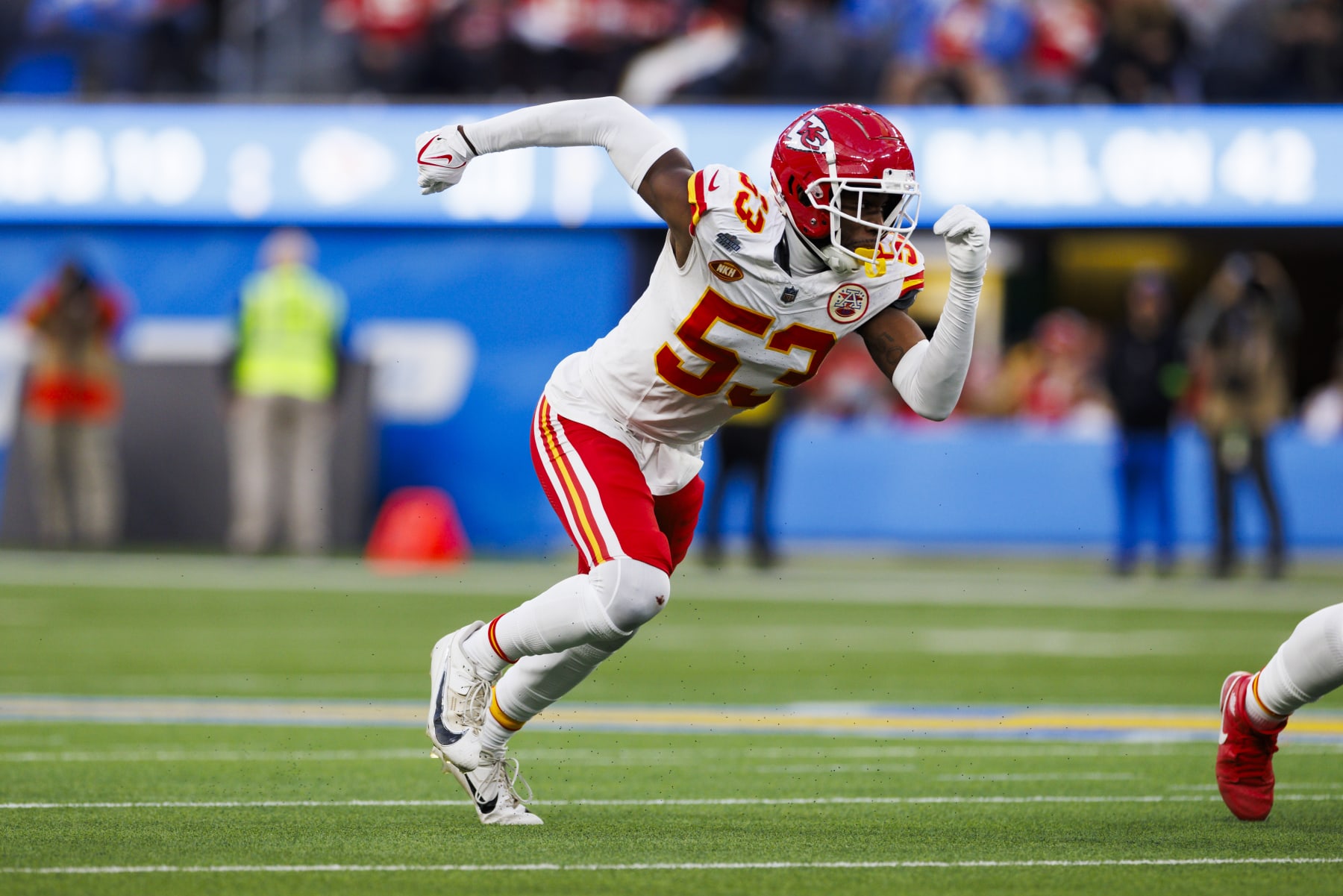 INGLEWOOD, CALIFORNIA - JANUARY 7: BJ Thompson #53 of the Kansas City Chiefs rushes the edge during a game against the Los Angeles Chargers at SoFi Stadium on January 7, 2024 in Inglewood, California. (Photo by Ric Tapia/Getty Images)
