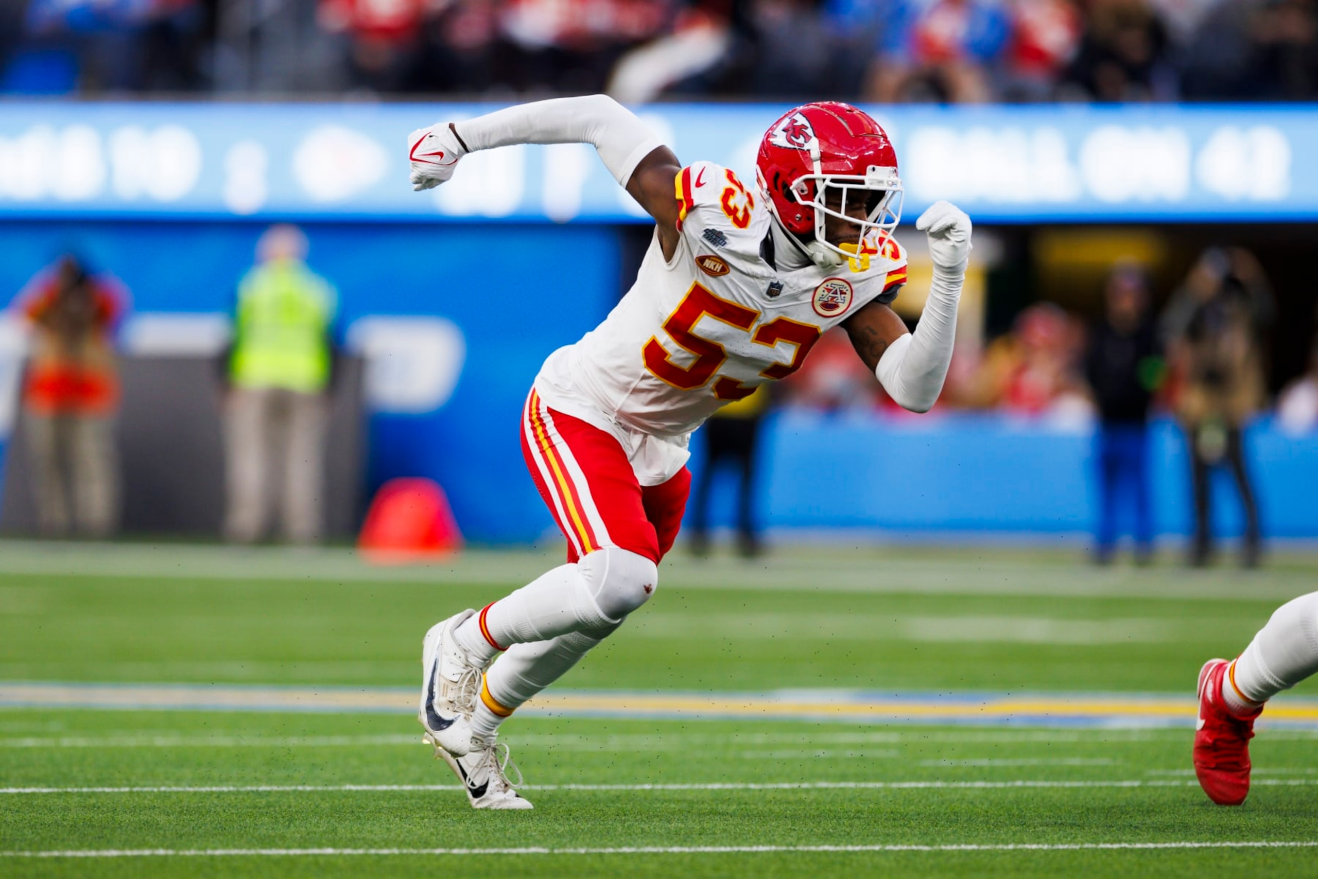 INGLEWOOD, CALIFORNIA - JANUARY 7: BJ Thompson #53 of the Kansas City Chiefs rushes the edge during a game against the Los Angeles Chargers at SoFi Stadium on January 7, 2024 in Inglewood, California. (Photo by Ric Tapia/Getty Images) INGLEWOOD, CALIFORNIA - JANUARY 7: BJ Thompson #53 of the Kansas City Chiefs rushes the edge during a game against the Los Angeles Chargers at SoFi Stadium on January 7, 2024 in Inglewood, California. (Photo by Ric Tapia/Getty Images)