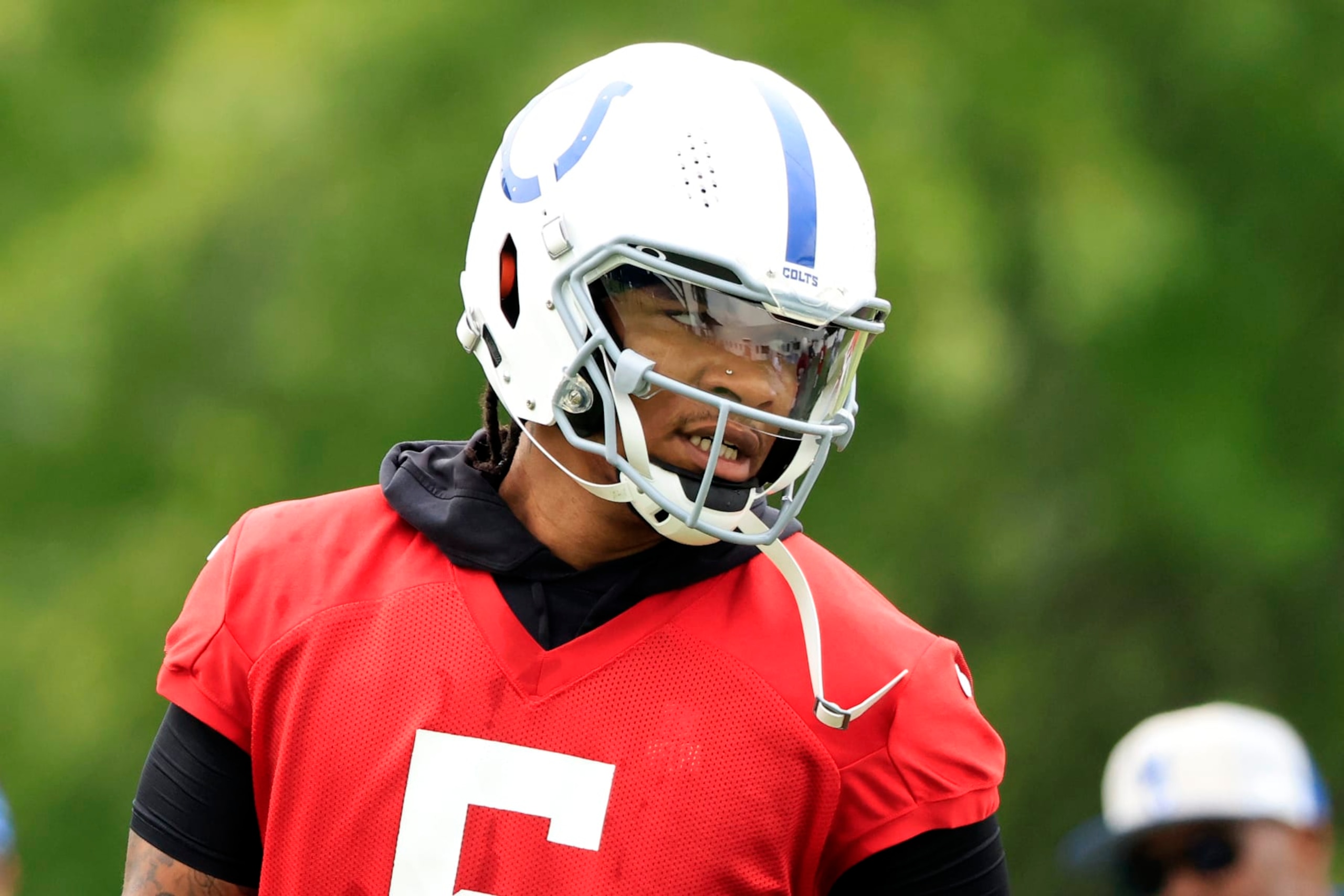INDIANAPOLIS, INDIANA - JUNE 05: Anthony Richardson #5 of the Indianapolis Colts looks on during Indianapolis Colts mandatory minicamp at the Indiana Farm Bureau Football Center at Lucas Oil Stadium on June 5, 2024 in Indianapolis, Indiana. (Photo by Justin Casterline/Getty Images)