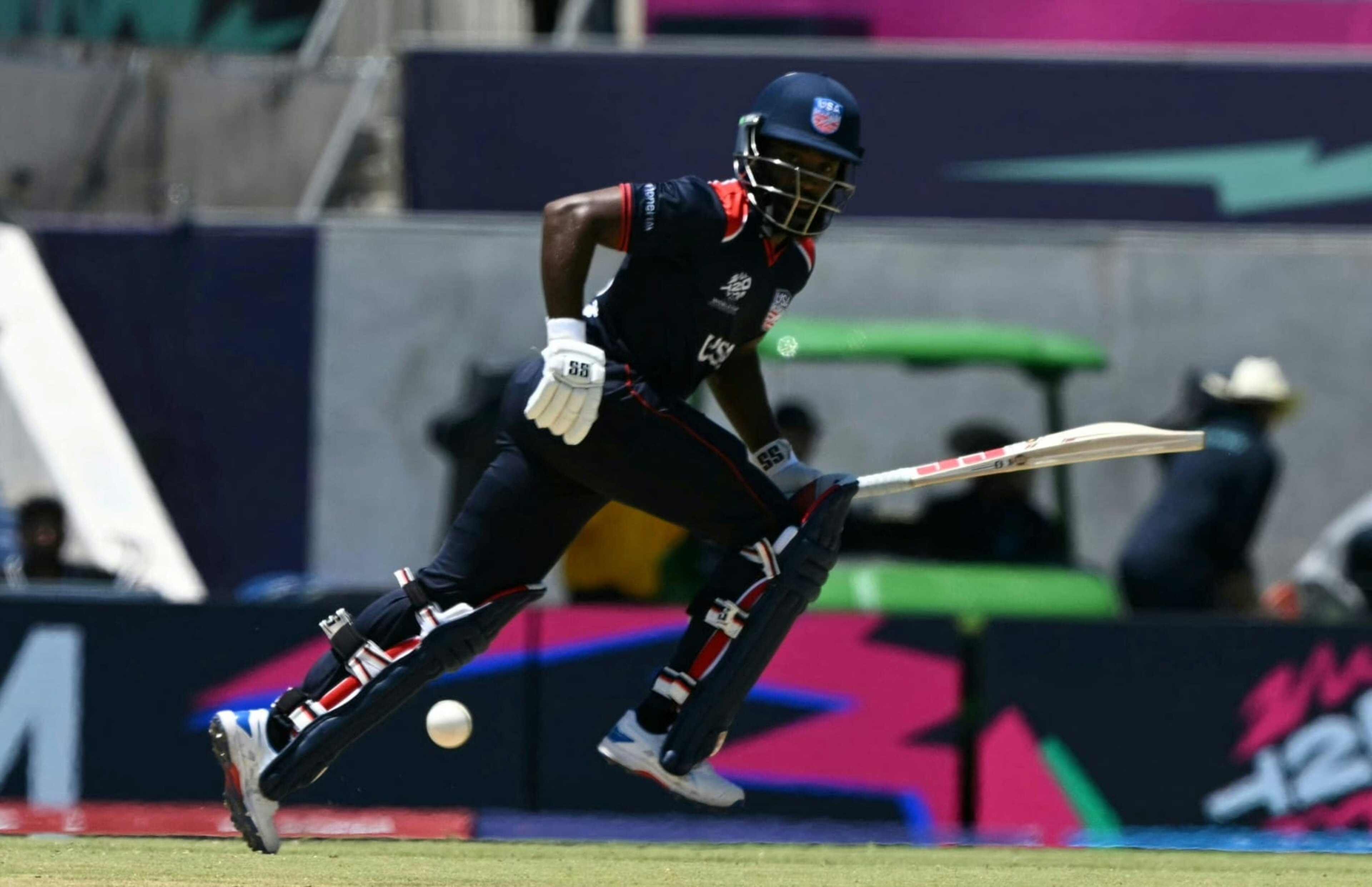 USA's Vice Captain Aaron Jones plays a shot during the ICC men's Twenty20 World Cup 2024 group A cricket match between the USA and Pakistan at the Grand Prairie Cricket Stadium in Grand Prairie, Texas, on June 6, 2024. (Photo by ANDREW CABALLERO-REYNOLDS / AFP) / ALTERNATE CROP (Photo by ANDREW CABALLERO-REYNOLDS/AFP via Getty Images) USA's Vice Captain Aaron Jones plays a shot during the ICC men's Twenty20 World Cup 2024 group A cricket match between the USA and Pakistan at the Grand Prairie Cricket Stadium in Grand Prairie, Texas, on June 6, 2024. (Photo by ANDREW CABALLERO-REYNOLDS / AFP) / ALTERNATE CROP (Photo by ANDREW CABALLERO-REYNOLDS/AFP via Getty Images)