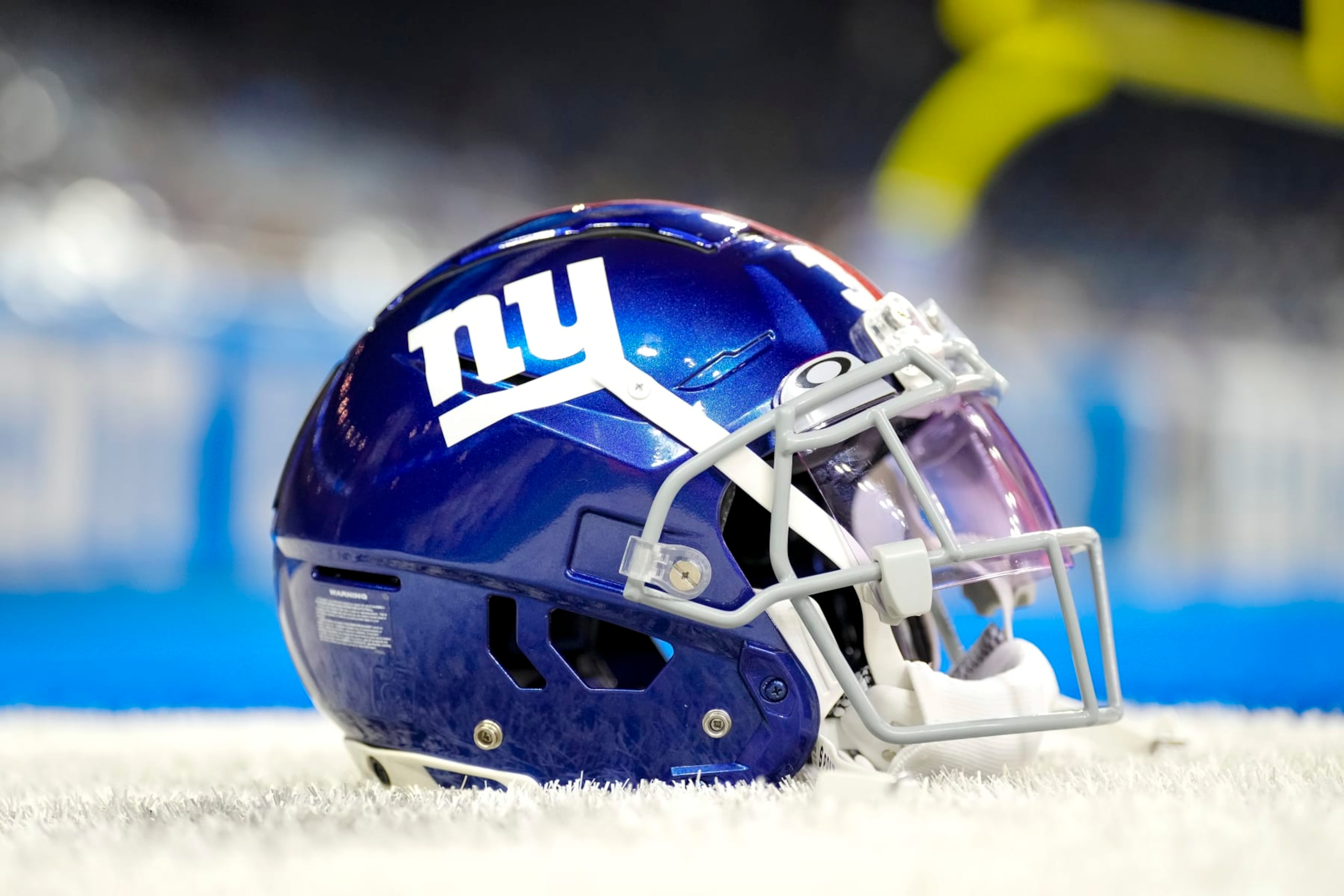 DETROIT, MICHIGAN - AUGUST 11: The New York Giants helmet is pictured before the preseason game against the Detroit Lions at Ford Field on August 11, 2023 in Detroit, Michigan. (Photo by Nic Antaya/Getty Images)