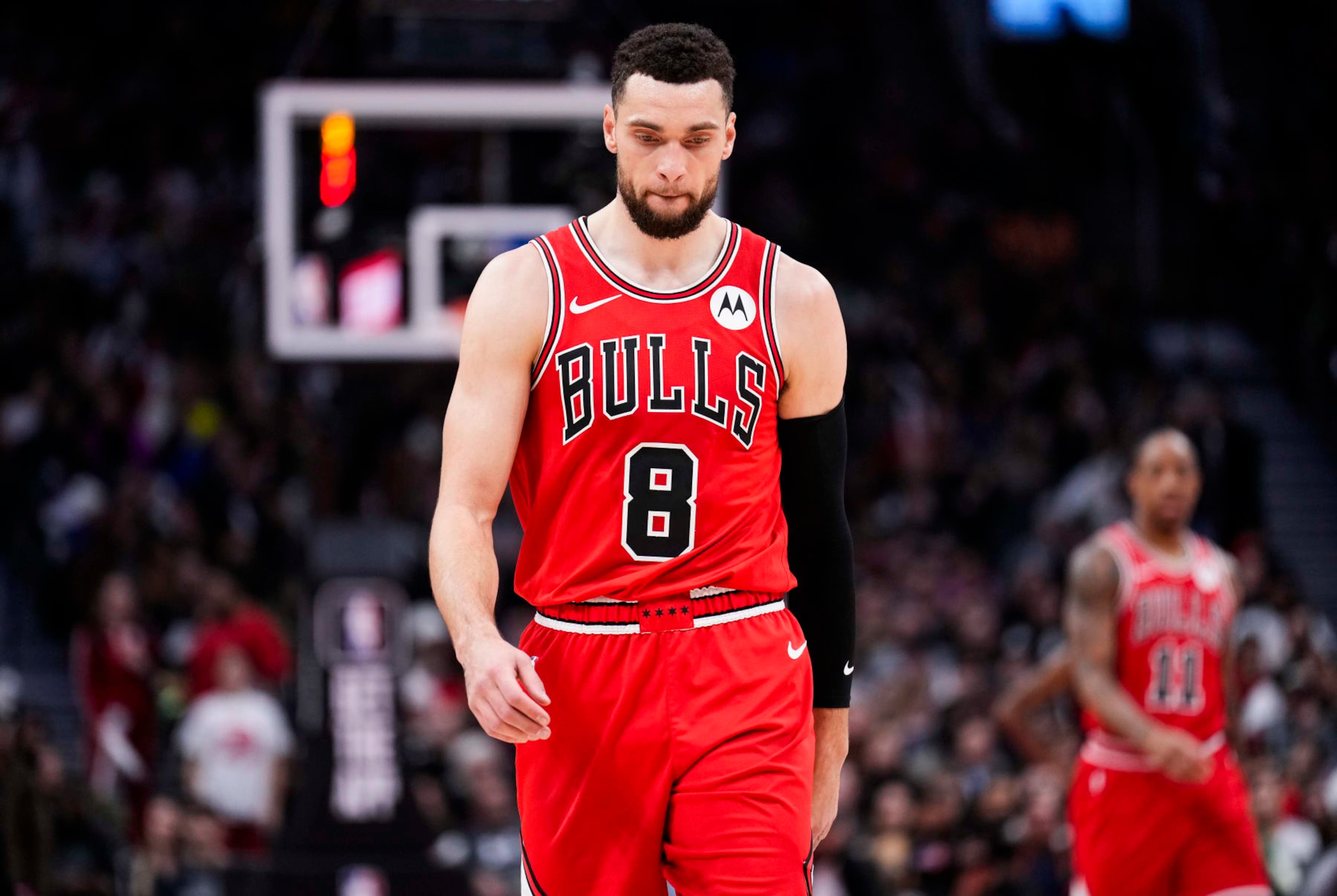 TORONTO, ON - JANUARY 18: Zach LaVine #8 of the Chicago Bulls look on against the Toronto Raptors during the first half of their basketball game at the Scotiabank Arena on January 18, 2024 in Toronto, Ontario, Canada. NOTE TO USER: User expressly acknowledges and agrees that, by downloading and/or using this Photograph, user is consenting to the terms and conditions of the Getty Images License Agreement. (Photo by Mark Blinch/Getty Images) TORONTO, ON - JANUARY 18: Zach LaVine #8 of the Chicago Bulls look on against the Toronto Raptors during the first half of their basketball game at the Scotiabank Arena on January 18, 2024 in Toronto, Ontario, Canada. NOTE TO USER: User expressly acknowledges and agrees that, by downloading and/or using this Photograph, user is consenting to the terms and conditions of the Getty Images License Agreement. (Photo by Mark Blinch/Getty Images)