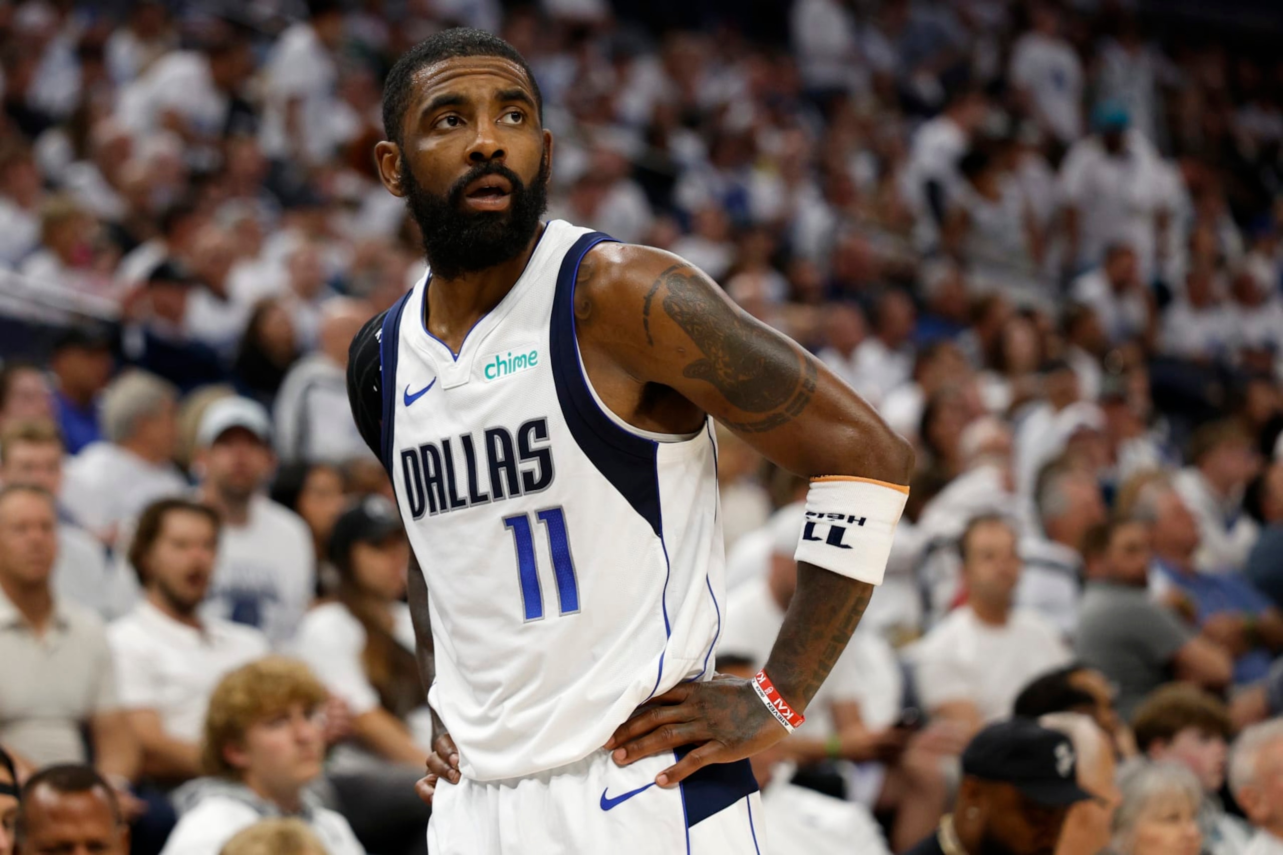 MINNEAPOLIS, MINNESOTA - MAY 30: Kyrie Irving #11 of the Dallas Mavericks looks on during the fourth quarter against the Minnesota Timberwolves in Game Five of the Western Conference Finals at Target Center on May 30, 2024 in Minneapolis, Minnesota. NOTE TO USER: User expressly acknowledges and agrees that, by downloading and or using this photograph, User is consenting to the terms and conditions of the Getty Images License Agreement. (Photo by David Berding/Getty Images) MINNEAPOLIS, MINNESOTA - MAY 30: Kyrie Irving #11 of the Dallas Mavericks looks on during the fourth quarter against the Minnesota Timberwolves in Game Five of the Western Conference Finals at Target Center on May 30, 2024 in Minneapolis, Minnesota. NOTE TO USER: User expressly acknowledges and agrees that, by downloading and or using this photograph, User is consenting to the terms and conditions of the Getty Images License Agreement. (Photo by David Berding/Getty Images)