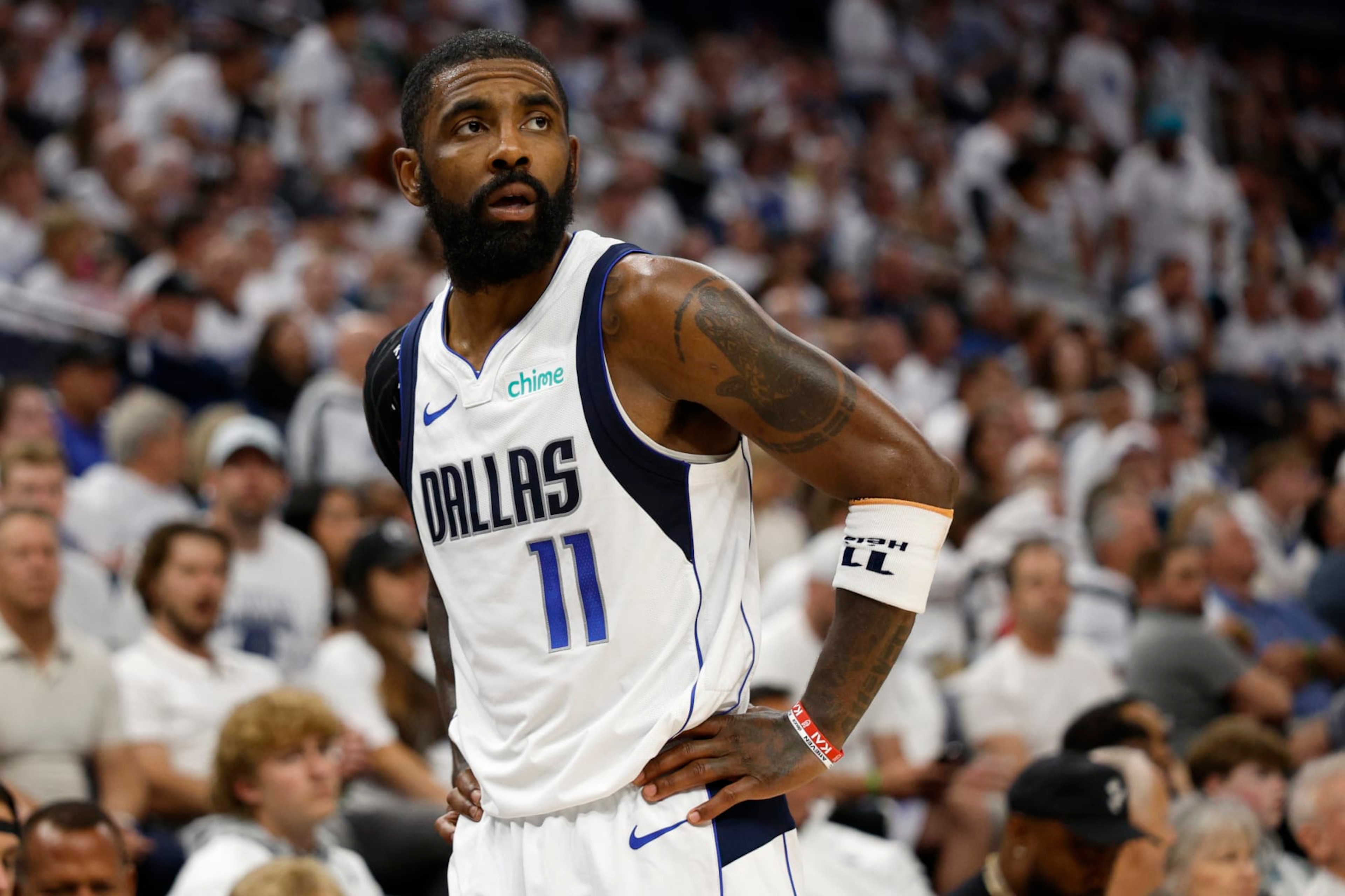 MINNEAPOLIS, MINNESOTA - MAY 30: Kyrie Irving #11 of the Dallas Mavericks looks on during the fourth quarter against the Minnesota Timberwolves in Game Five of the Western Conference Finals at Target Center on May 30, 2024 in Minneapolis, Minnesota. NOTE TO USER: User expressly acknowledges and agrees that, by downloading and or using this photograph, User is consenting to the terms and conditions of the Getty Images License Agreement. (Photo by David Berding/Getty Images) MINNEAPOLIS, MINNESOTA - MAY 30: Kyrie Irving #11 of the Dallas Mavericks looks on during the fourth quarter against the Minnesota Timberwolves in Game Five of the Western Conference Finals at Target Center on May 30, 2024 in Minneapolis, Minnesota. NOTE TO USER: User expressly acknowledges and agrees that, by downloading and or using this photograph, User is consenting to the terms and conditions of the Getty Images License Agreement. (Photo by David Berding/Getty Images)