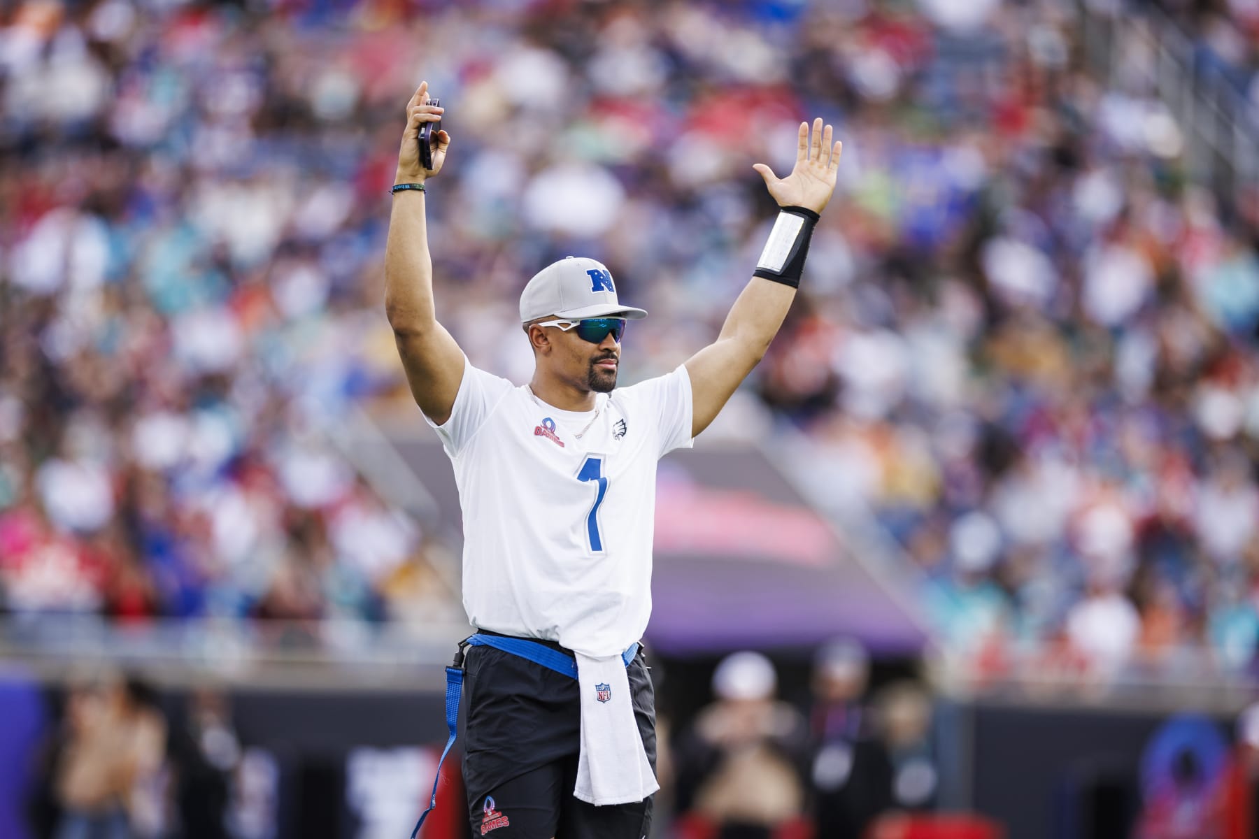 ORLANDO, FLORIDA - FEBRUARY 04: Jalen Hurts #1 of the Philadelphia Eagles and NFC celebrates a touchdown during the 2024 NFL Pro Bowl at Camping World Stadium on February 04, 2024 in Orlando, Florida. (Photo by James Gilbert/Getty Images)