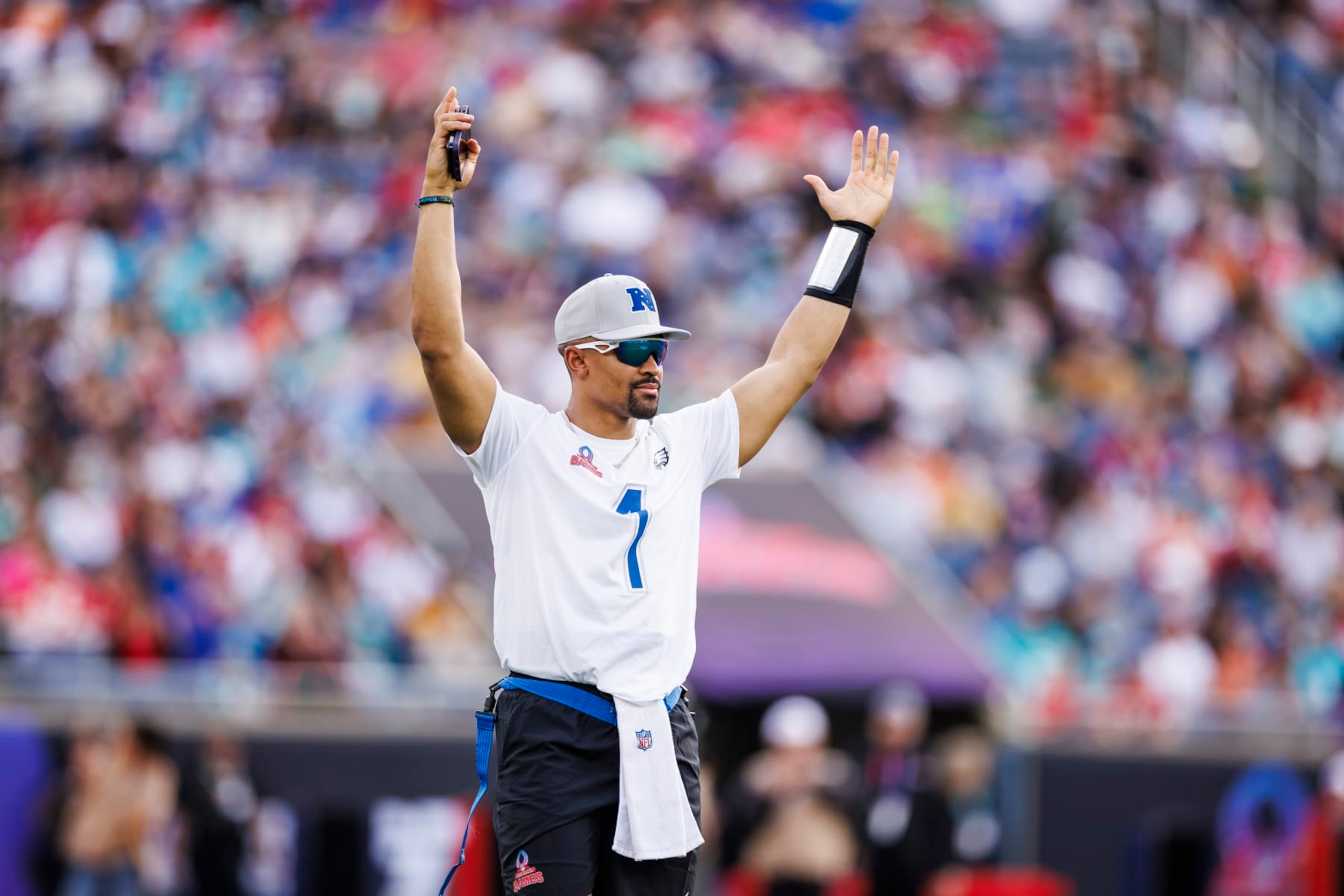 ORLANDO, FLORIDA - FEBRUARY 04: Jalen Hurts #1 of the Philadelphia Eagles and NFC celebrates a touchdown during the 2024 NFL Pro Bowl at Camping World Stadium on February 04, 2024 in Orlando, Florida. (Photo by James Gilbert/Getty Images)