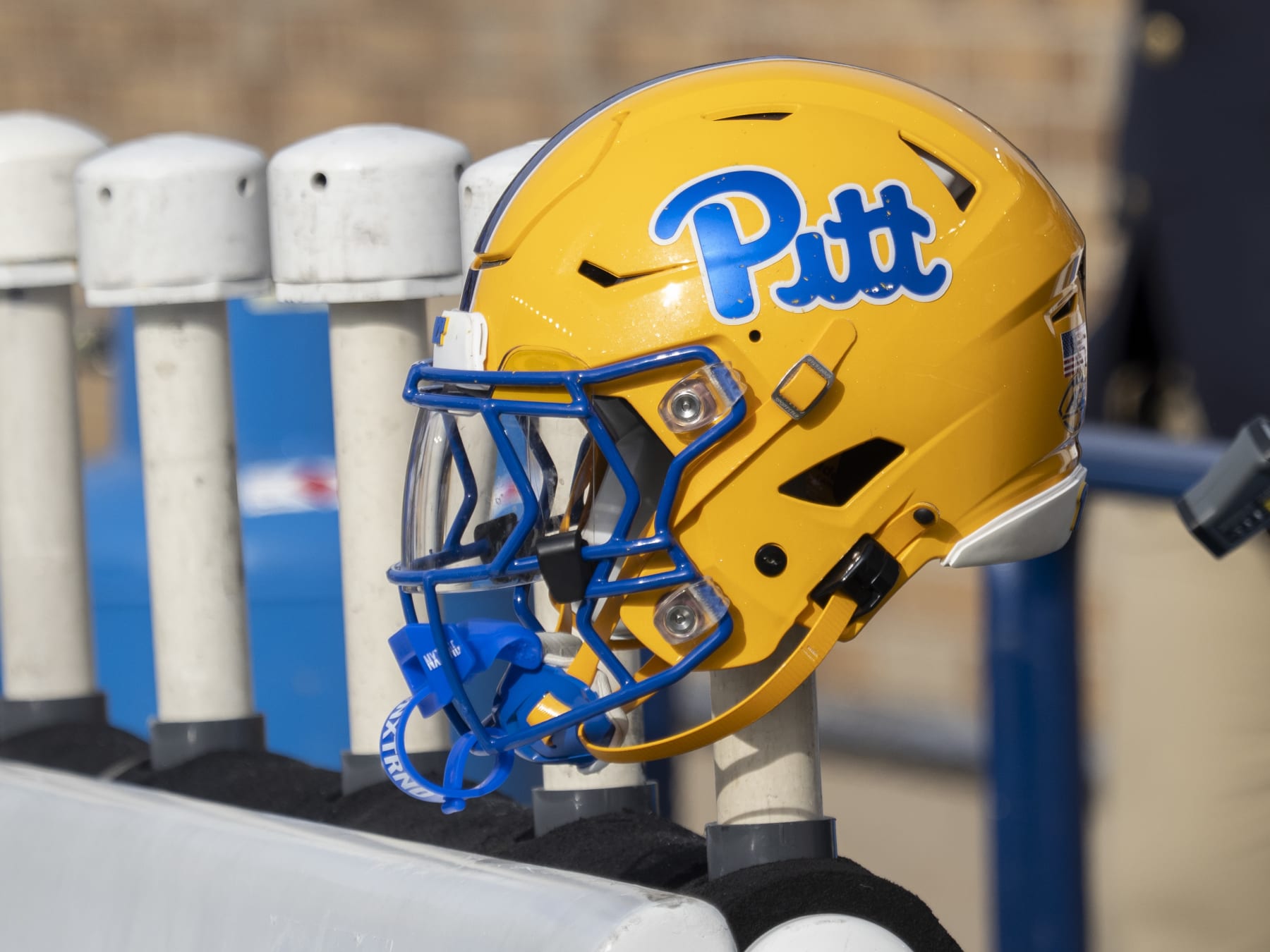 SOUTH BEND, IN - OCTOBER 28: A Pittsburgh Panthers helmet is placed on the bench during the college football game between the Pittsburgh Panthers and the Notre Dame Fighting Irish on October 28, 2023, at Notre Dame Stadium in South Bend, IN. (Photo by Joseph Weiser/Icon Sportswire via Getty Images)