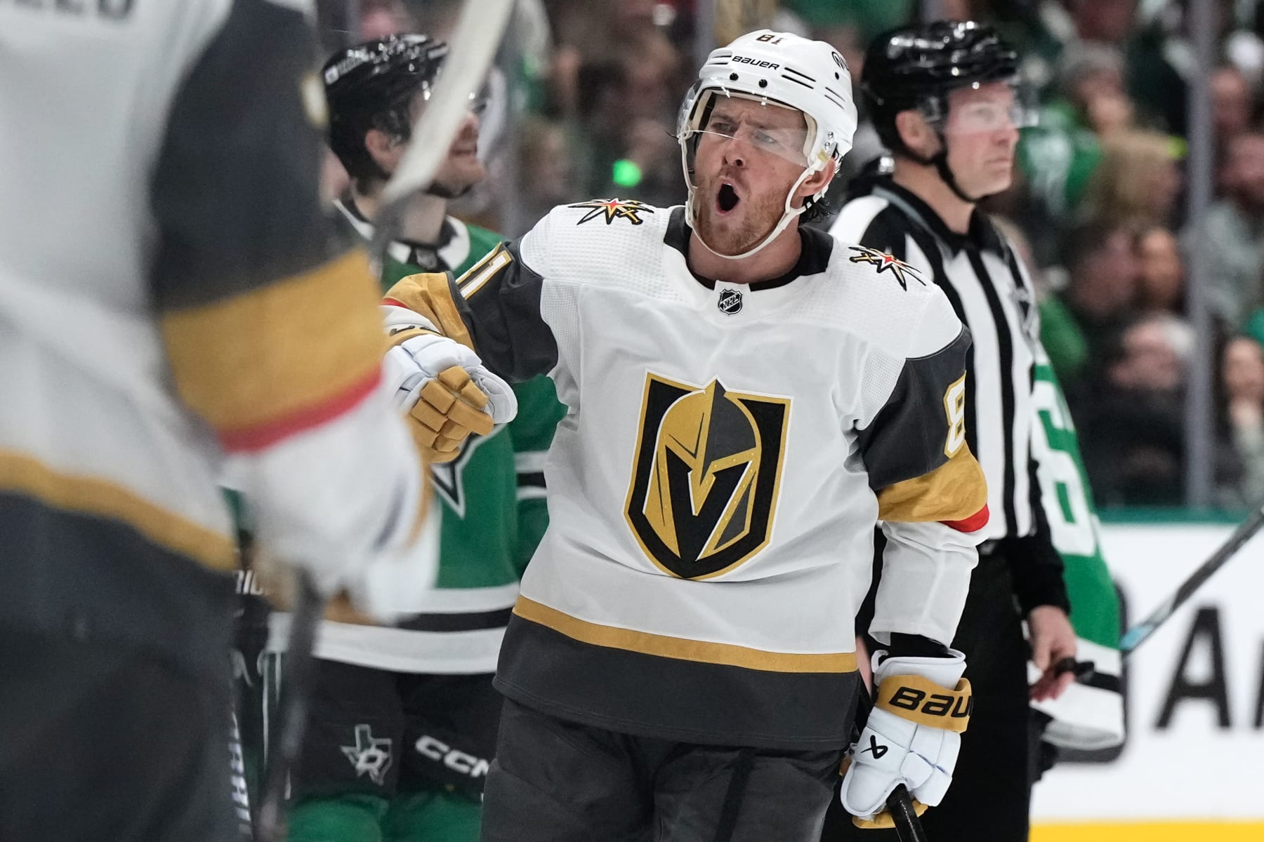 DALLAS, TEXAS - APRIL 24: Jonathan Marchessault #81 of the Vegas Golden Knights is congratulated by his teammates from the bench after scoring a goal during the first period against the Dallas Stars in Game Two of the First Round of the 2024 Stanley Cup Playoffs at the American Airlines Center on April 24, 2024 in Dallas, Texas. (Photo by Sam Hodde/Getty Images)