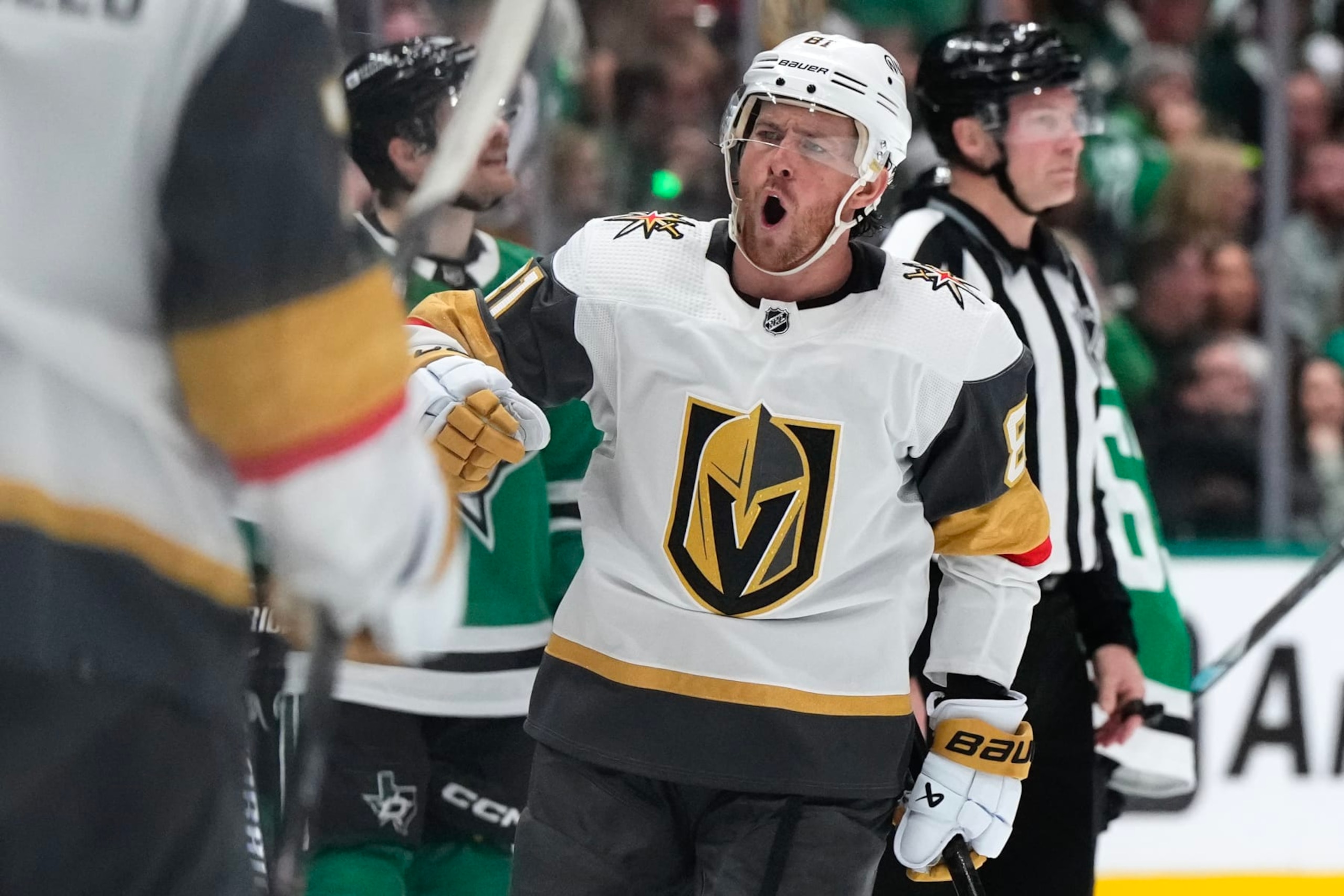 DALLAS, TEXAS - APRIL 24: Jonathan Marchessault #81 of the Vegas Golden Knights is congratulated by his teammates from the bench after scoring a goal during the first period against the Dallas Stars in Game Two of the First Round of the 2024 Stanley Cup Playoffs at the American Airlines Center on April 24, 2024 in Dallas, Texas. (Photo by Sam Hodde/Getty Images)