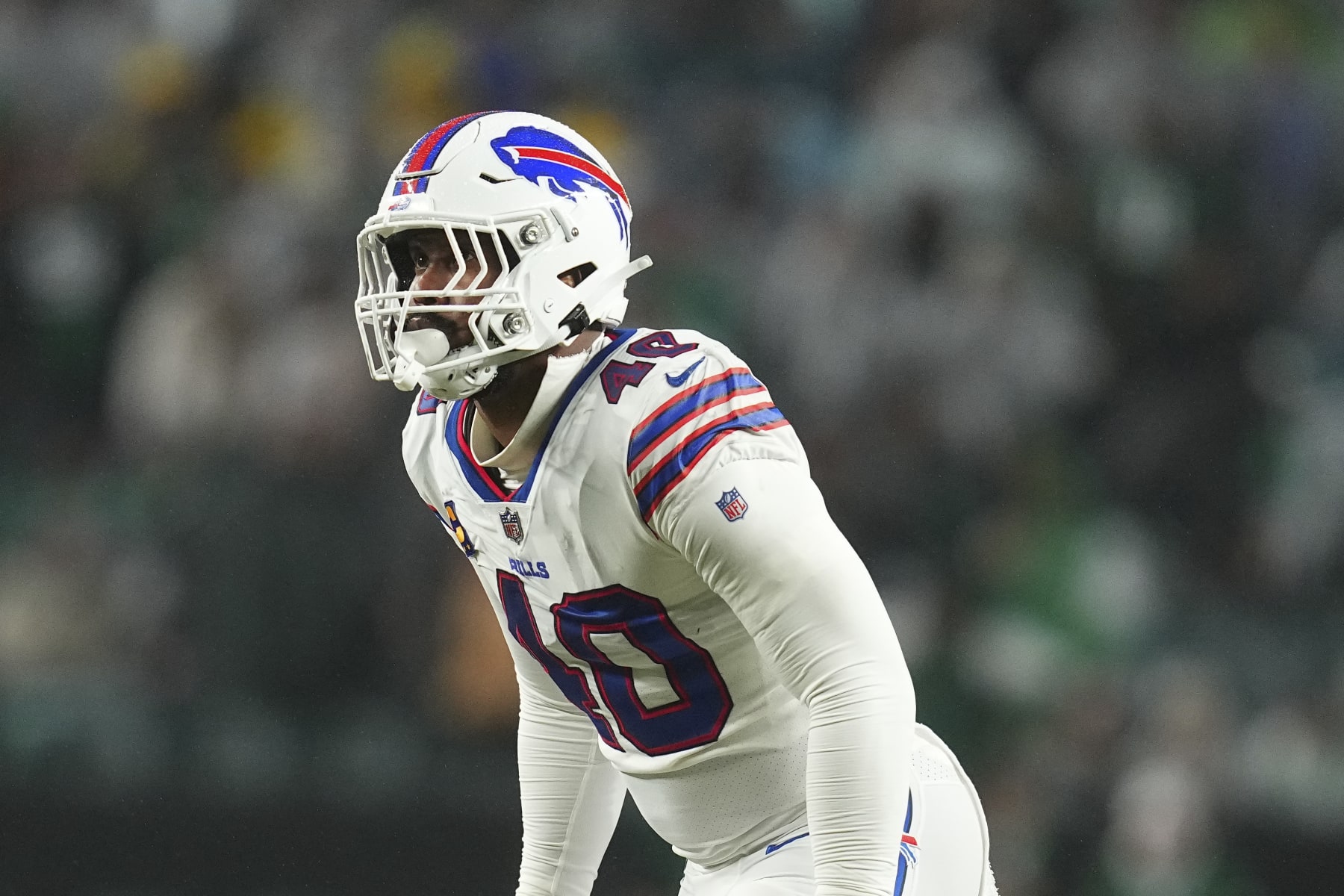 PHILADELPHIA, PENNSYLVANIA - NOVEMBER 26: Von Miller #40 of the Buffalo Bills looks on against the Philadelphia Eagles at Lincoln Financial Field on November 26, 2023 in Philadelphia, Pennsylvania. (Photo by Mitchell Leff/Getty Images)