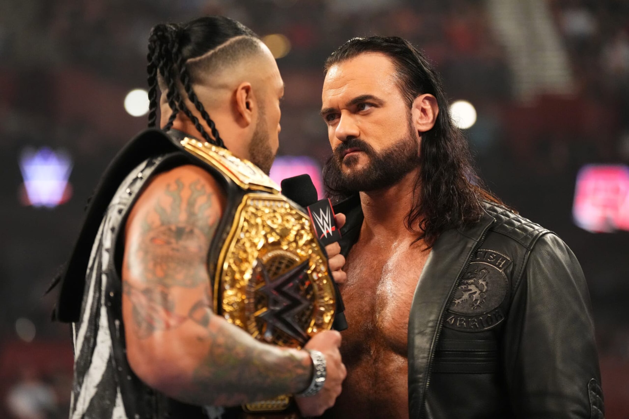 GREENVILLE, SOUTH CAROLINA - MAY 13: Drew McIntyre stares down WWE World Heavyweight Champion Damian Priest during an episode of Monday Night RAW at Bon Secours Wellness Arena on May 13, 2024 in Greenville, South Carolina.  (Photo by WWE/Getty Images)