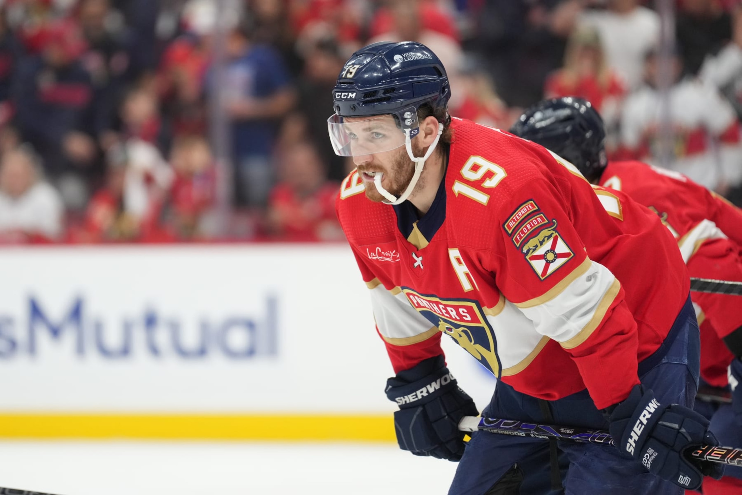 SUNRISE, FL - JUNE 01: Florida Panthers left wing Matthew Tkachuk (19) chews on his mouthpiece before a face-off win the third period during game six of the Eastern Conference Finals between the New York Ranges and the Florida Panthers on Saturday, June 1, 2024 at Amerant Bank Arena in Sunrise, Fla. (Photo by Peter Joneleit/Icon Sportswire via Getty Images)