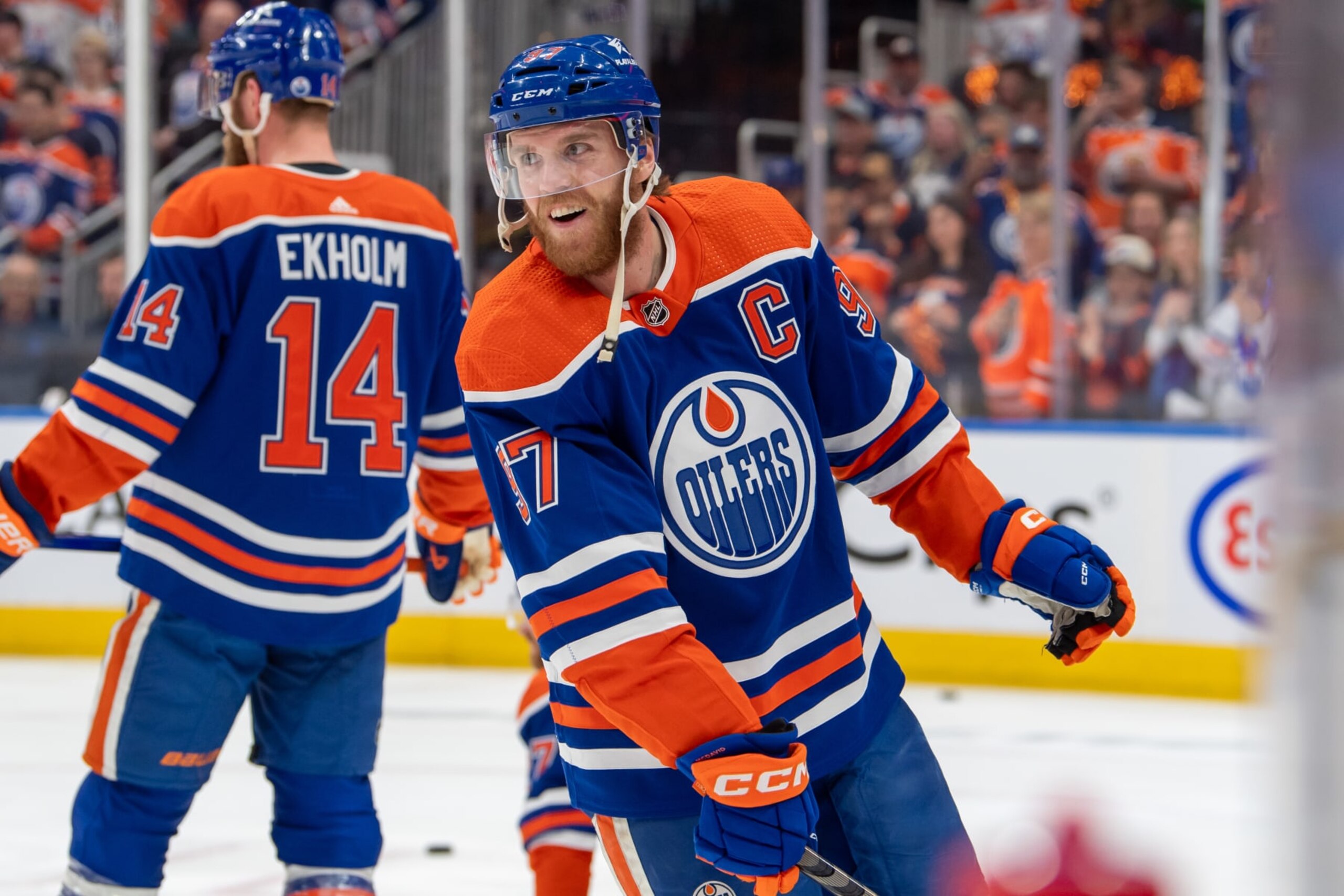 EDMONTON, CANADA - JUNE 02: Connor McDavid #97 of the Edmonton Oilers warms up ahead of Game Six of the Western Conference Final of the 2024 Stanley Cup Playoffs  against the Dallas Stars at Rogers Place on June 2, 2024, in Edmonton, Alberta, Canada. (Photo by Andy Devlin/NHLI via Getty Images)