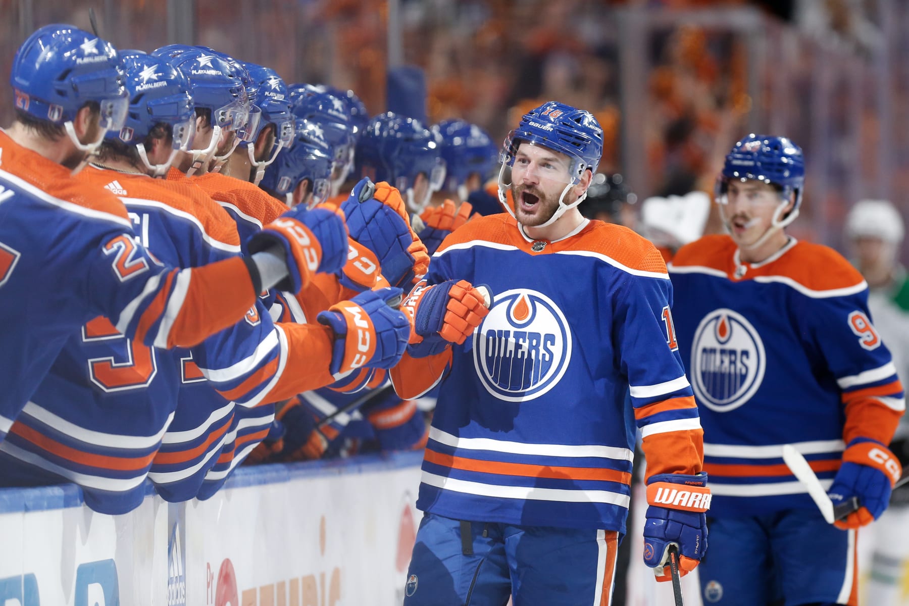 EDMONTON, CANADA - JUNE 02: Zach Hyman #18 of the Edmonton Oilers celebrates after scoring a goal against the Dallas Stars during the first period in Game Six of the Western Conference Final of the 2024 Stanley Cup Playoffs at Rogers Place on June 02, 2024 in Edmonton, Alberta, Canada. (Photo by Codie McLachlan/Getty Images)