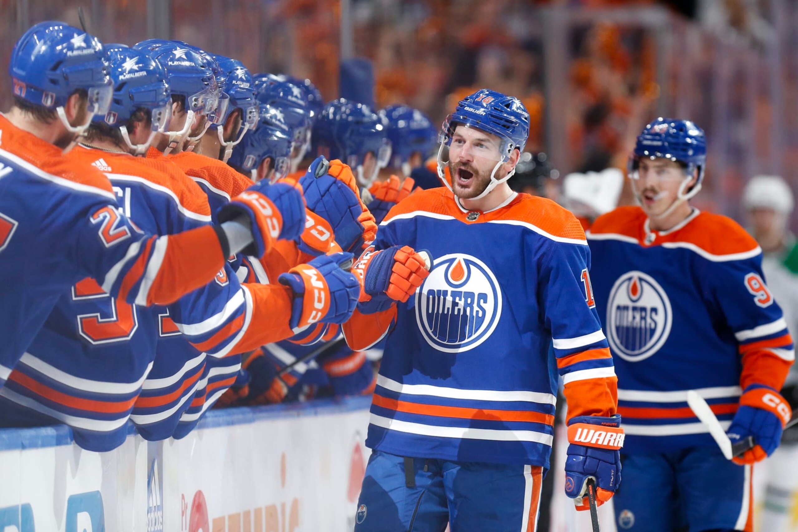 EDMONTON, CANADA - JUNE 02: Zach Hyman #18 of the Edmonton Oilers celebrates after scoring a goal against the Dallas Stars during the first period in Game Six of the Western Conference Final of the 2024 Stanley Cup Playoffs at Rogers Place on June 02, 2024 in Edmonton, Alberta, Canada. (Photo by Codie McLachlan/Getty Images)