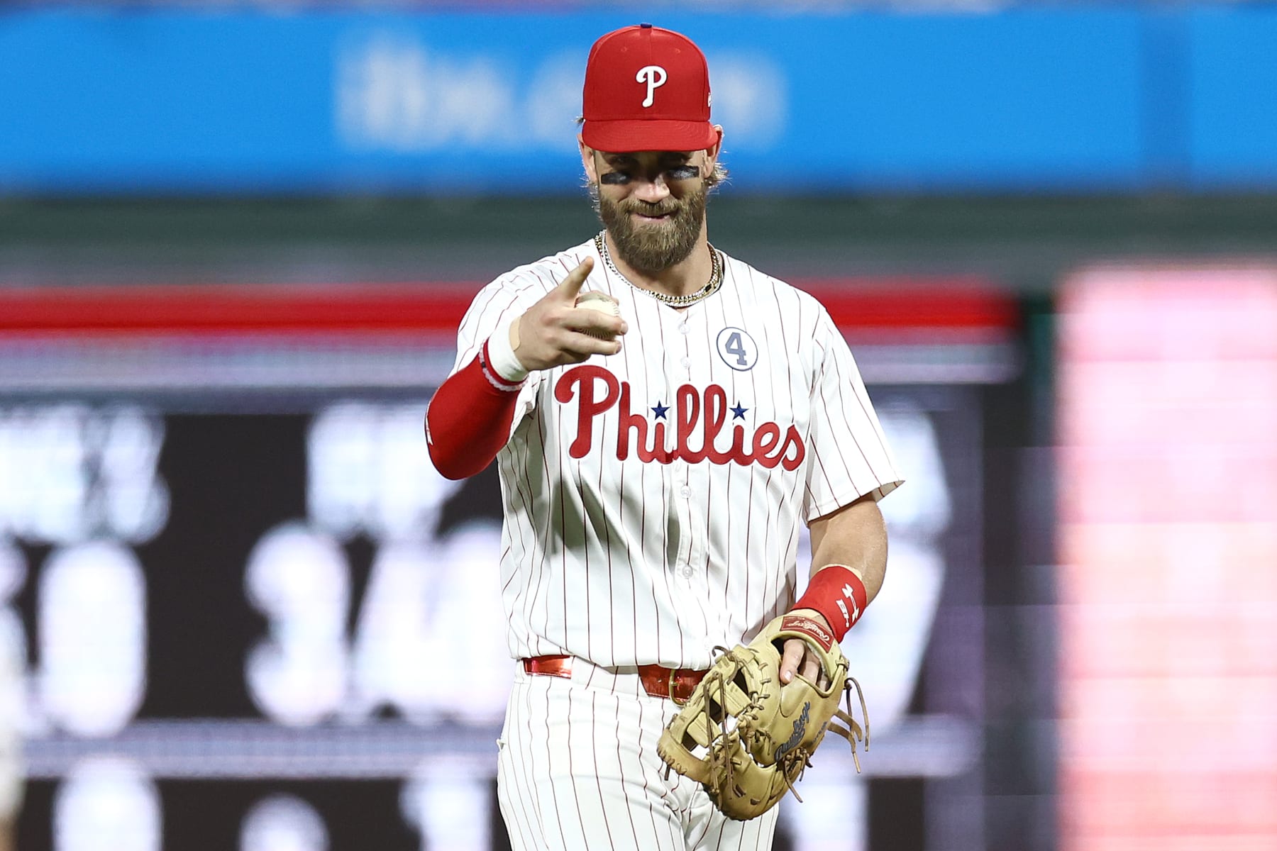 PHILADELPHIA, PENNSYLVANIA - JUNE 02: Bryce Harper #3 of the Philadelphia Phillies reacts during the ninth inning against the St. Louis Cardinals at Citizens Bank Park on June 02, 2024 in Philadelphia, Pennsylvania. (Photo by Tim Nwachukwu/Getty Images)