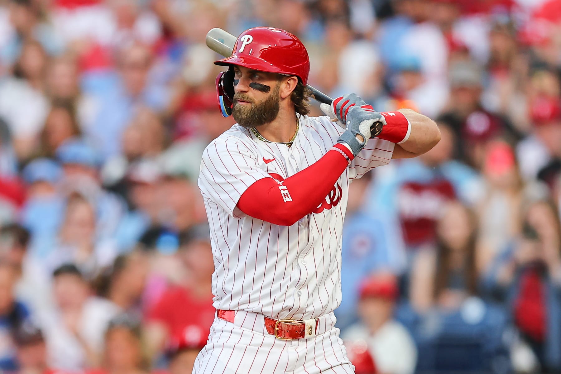 PHILADELPHIA, PA - JUNE 01:  Bryce Harper #3 of the Philadelphia Phillies at bat during the first inning the game against the St. Louis Cardinals on June 1, 2024 at Citizens Bank Park in Philadelphia, Pennsylvania.  (Photo by Rich Graessle/Icon Sportswire via Getty Images)
