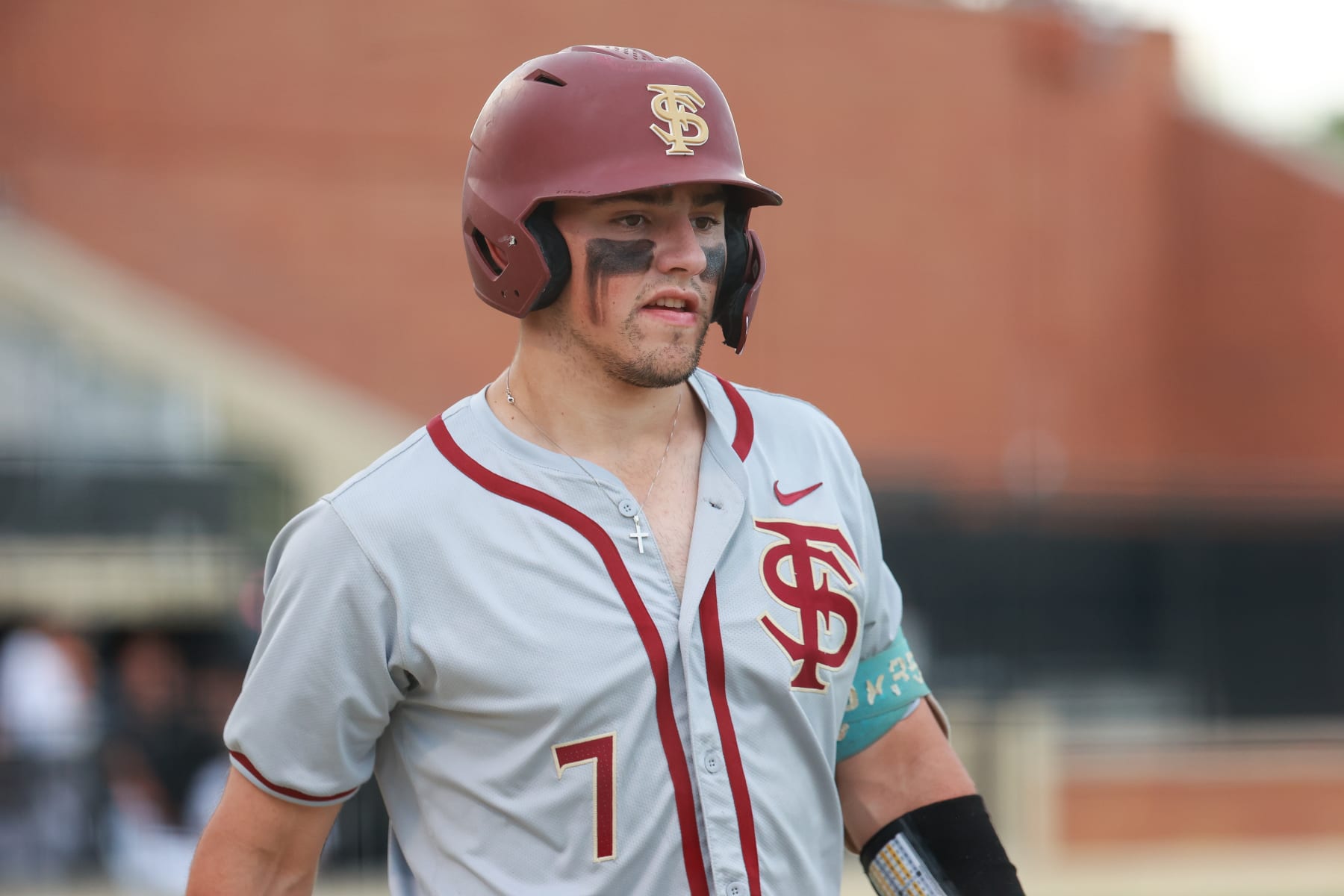WINSTON SALEM, NORTH CAROLINA - APRIL 19: Jaime Ferrer #7 of the Florida State Seminoles looks on against the Wake Forest Demon Deacons at David F. Couch Ballpark on April 19, 2024 in Winston Salem, North Carolina. (Photo by Isaiah Vazquez/Getty Images)