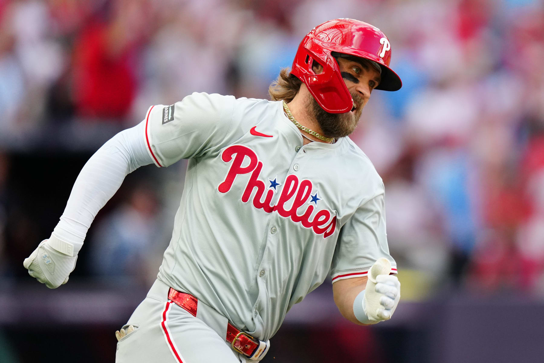 LONDON, ENGLAND - JUNE 08: Bryce Harper #3 of the Philadelphia Phillies rounds first base after hitting a double in the first inning during the 2024 London Series game between the Philadelphia Phillies and the New York Mets at London Stadium on Saturday, June 8, 2024 in London, England. (Photo by Daniel Shirey/MLB Photos via Getty Images)