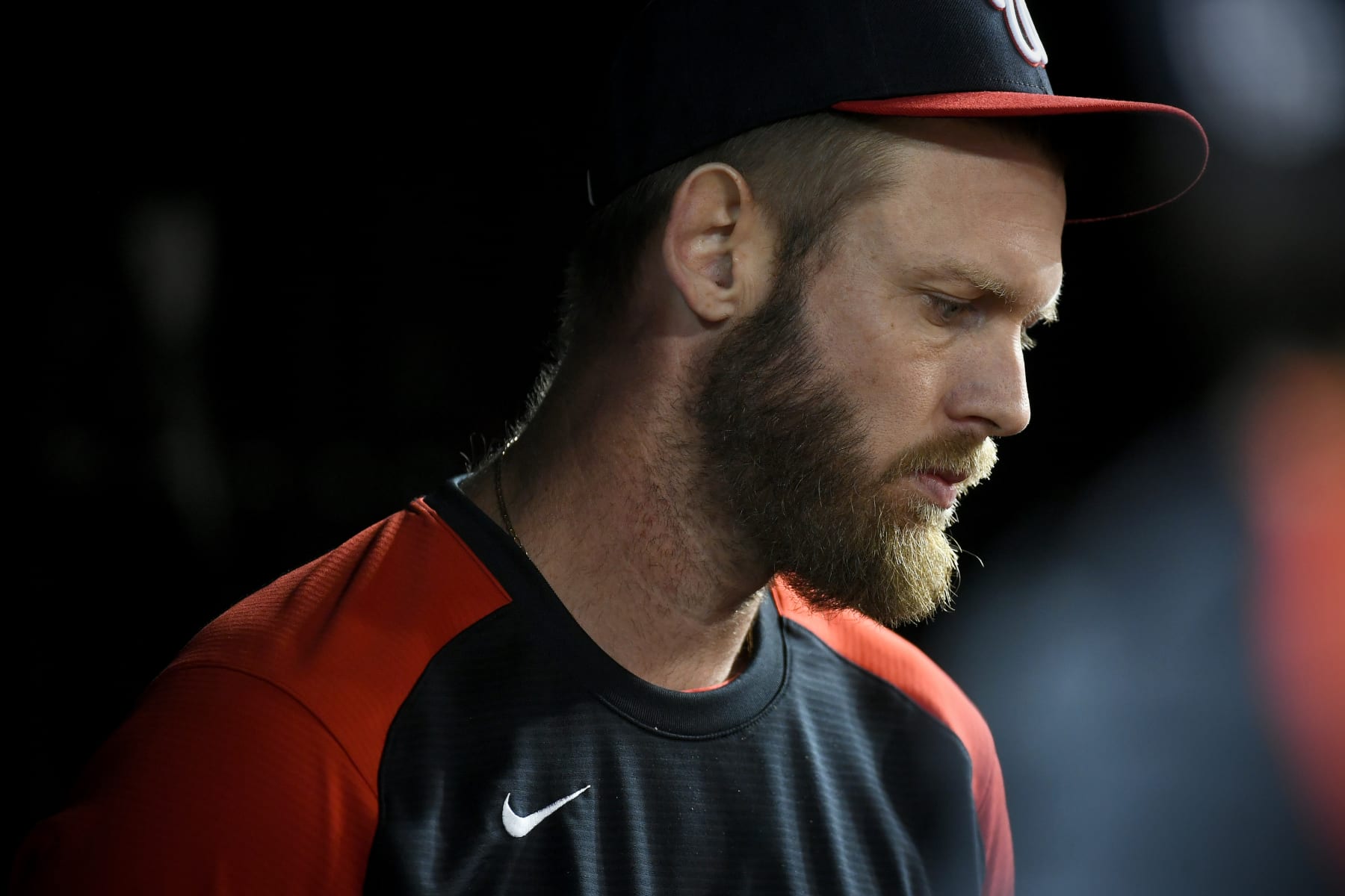 WASHINGTON, DC - SEPTEMBER 28:
Washington Nationals injured pitcher Stephen Strasburg in the dugout during the game against the Atlanta Braves at Nationals Park September 28, 2022.  Washington Nationals shortstop CJ Abrams (5) hit a single in the 10th inning to seal the walk-off win, 3-2 over the Atlanta Braves.
 (Photo by Katherine Frey/The Washington Post via Getty Images)