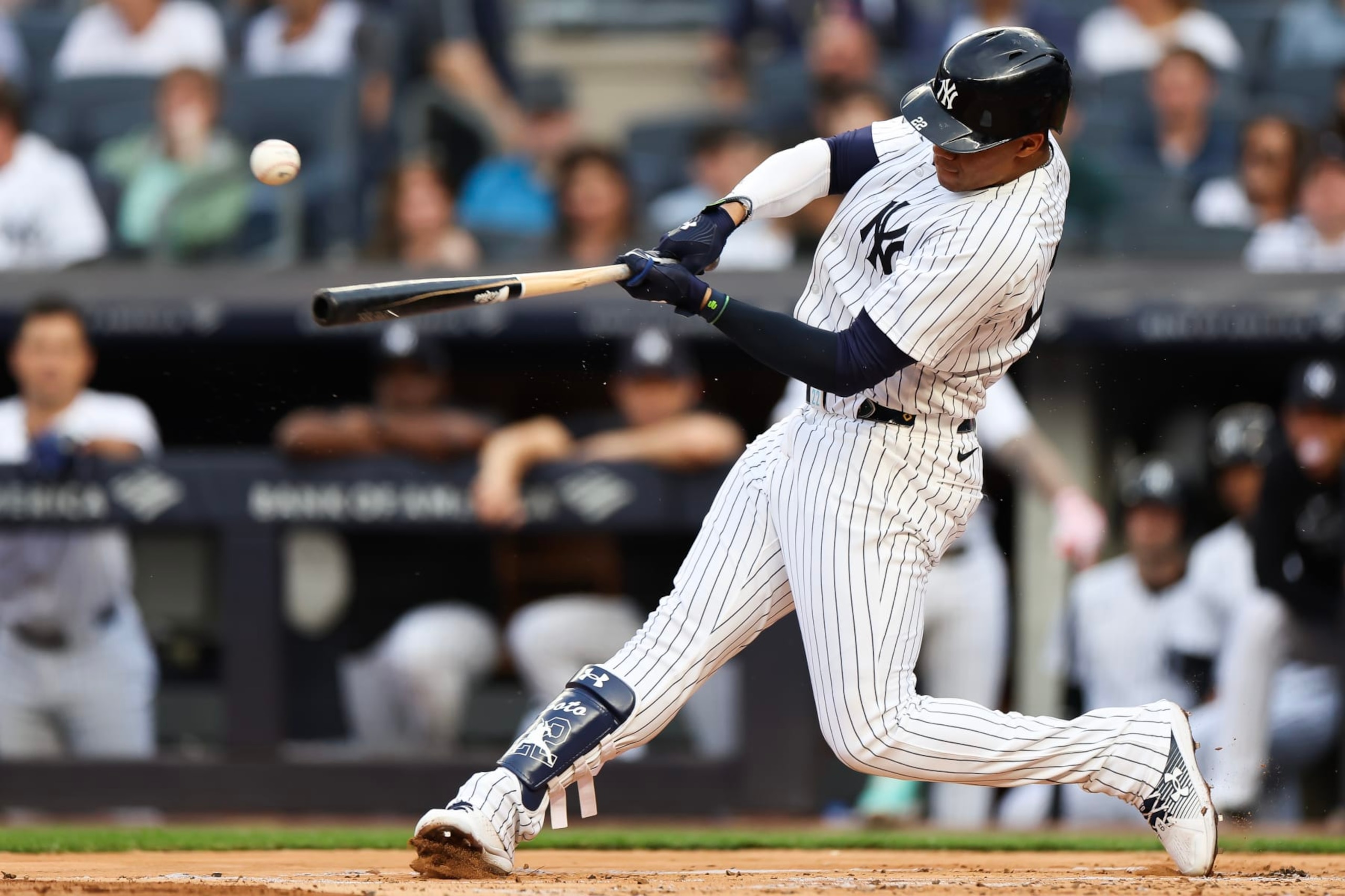 NEW YORK, NEW YORK - JUNE 05: Juan Soto #22 of the New York Yankees hits against the Minnesota Twins during the first inning at Yankee Stadium on June 05, 2024 in the Bronx borough of New York City. (Photo by Luke Hales/Getty Images)