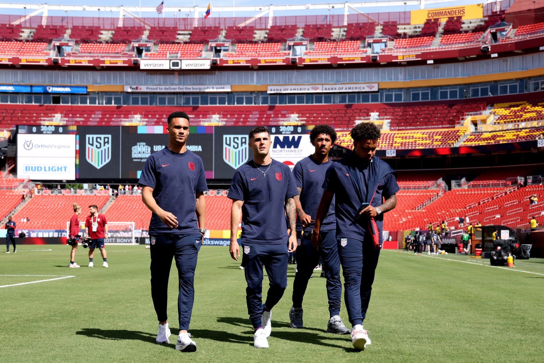 LANDOVER, MARYLAND - JUNE 08: Antonee Robinson #5, Christian Pulisic #10, Chris Richards #3, and Weston McKennie #8 of the United States walk the field prior to playing Colombia at Commanders Field on June 08, 2024 in Landover, Maryland. (Photo by John Dorton/ISI Photos/USSF/Getty Images for USSF)