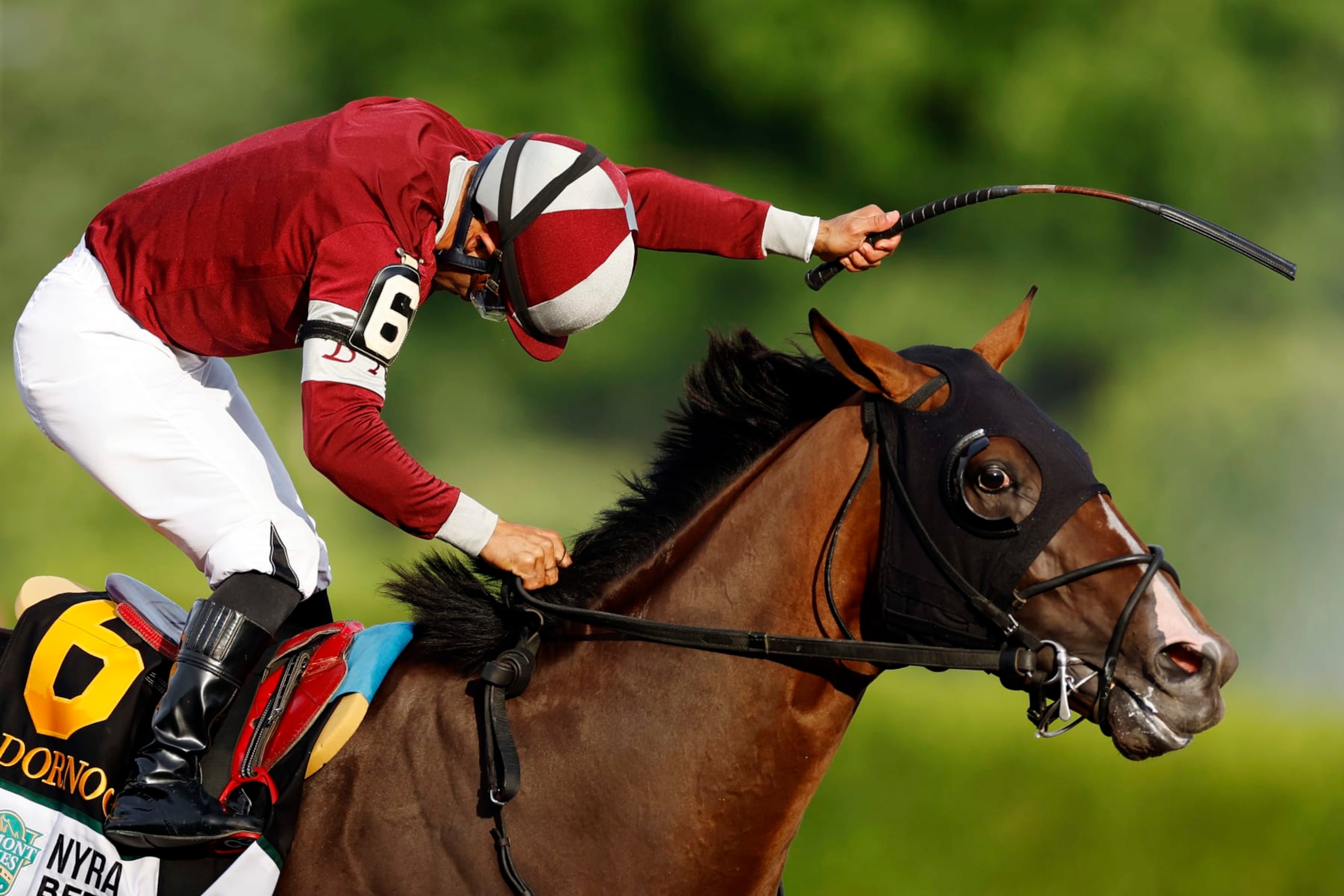 SARATOGA SPRINGS, NEW YORK - JUNE 08: Dornoch with Luis Saez up wins the 156th running of the Belmont Stakes at Saratoga Race Course on June 08, 2024 in Saratoga Springs, New York.  The race was moved to Saratoga while Belmont Park undergoes renovations. (Photo by Sarah Stier/Getty Images)