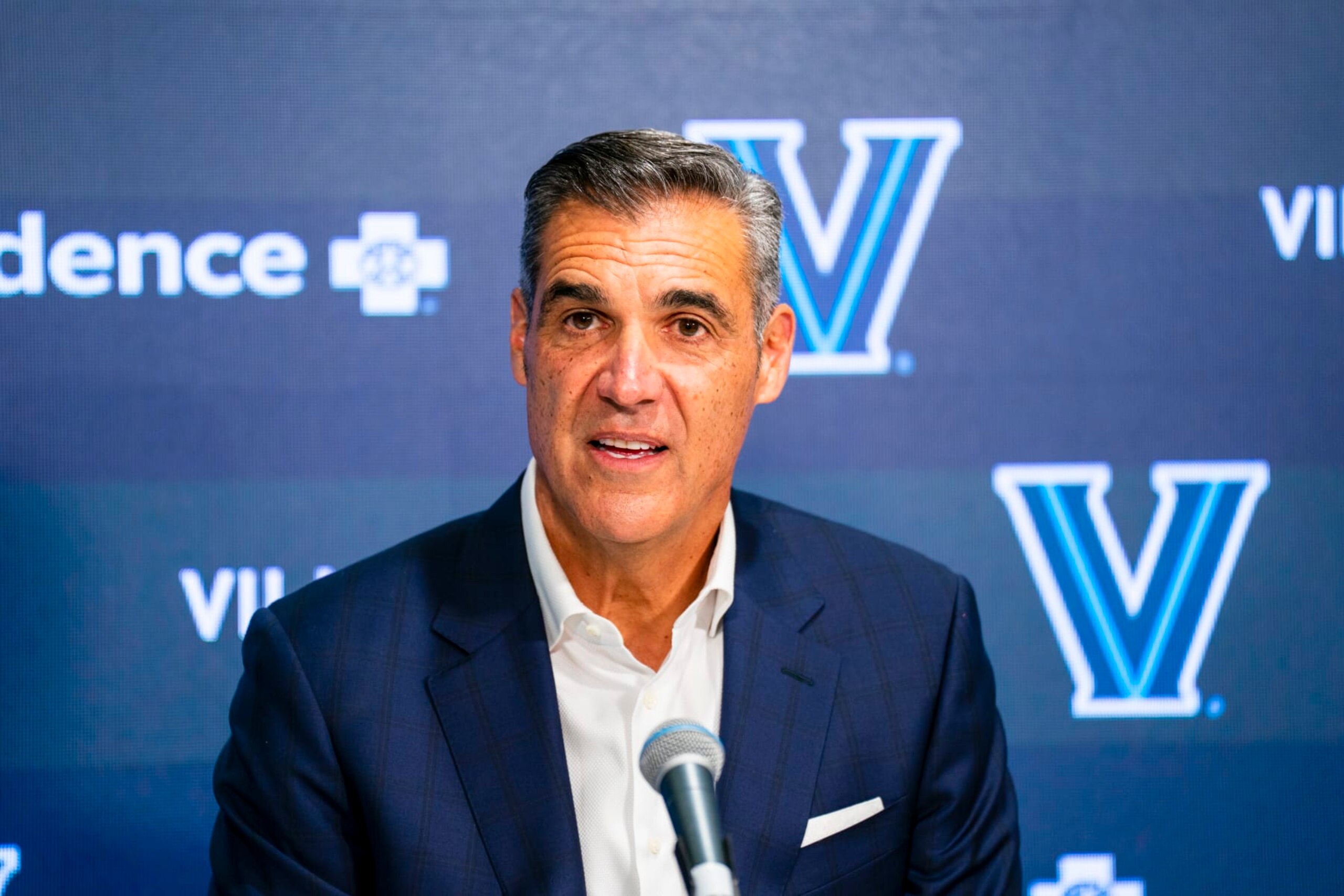 VILLANOVA, PA - FEBRUARY 8: Jay Wright, former Head Coach of Villanova Mens Basketball  talks to the media after Jalen Brunsons jersey retirement on February 8, 2023 at Finneran Pavilion in Villanova, Pennsylvania. NOTE TO USER: User expressly acknowledges and agrees that, by downloading and/or using this Photograph, user is consenting to the terms and conditions of the Getty Images License Agreement. Mandatory Copyright Notice: Copyright 2023 NBAE (Photo by Mary Kate Ridgway/NBAE via Getty Images)