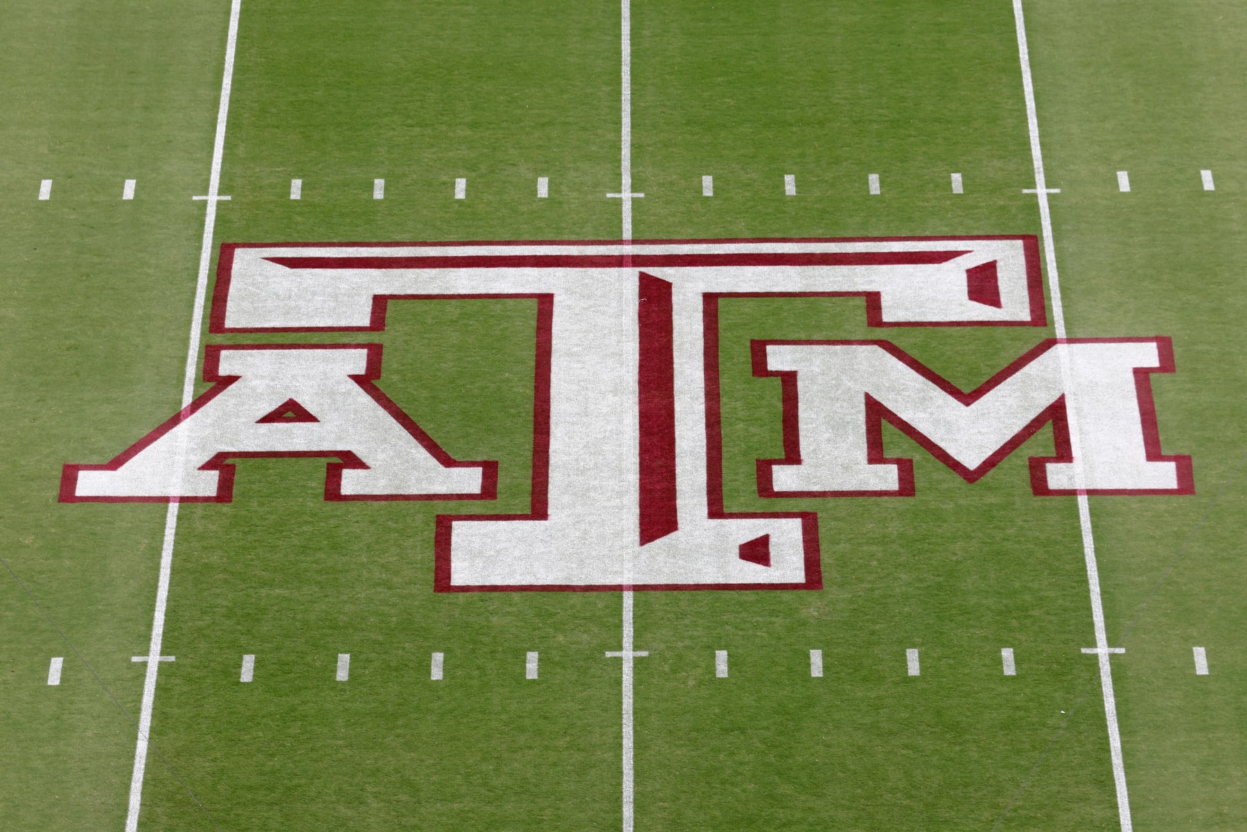 COLLEGE STATION, TEXAS - OCTOBER 07: The Texas A&M Aggies logo is seen at midfield before the game against the Alabama Crimson Tide at Kyle Field on October 07, 2023 in College Station, Texas. (Photo by Tim Warner/Getty Images)