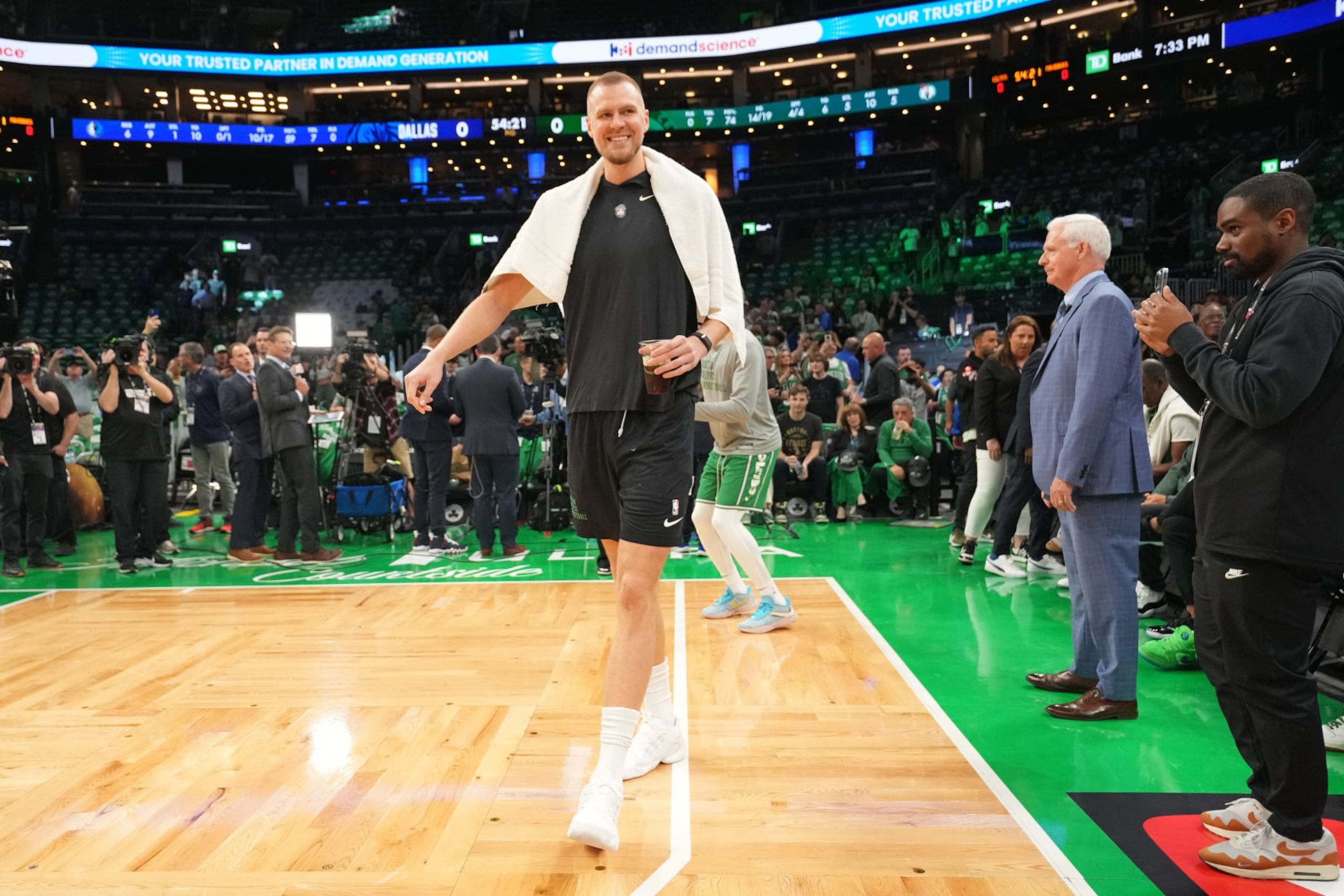 BOSTON, MA - JUNE 6:  Kristaps Porzingis #8 of the Boston Celtics looks on before the game against the Dallas Mavericks during Game 1 of the 2024 NBA Finals on June 6, 2024 at the TD Garden in Boston, Massachusetts. NOTE TO USER: User expressly acknowledges and agrees that, by downloading and or using this photograph, User is consenting to the terms and conditions of the Getty Images License Agreement. Mandatory Copyright Notice: Copyright 2024 NBAE  (Photo by Jesse D. Garrabrant/NBAE via Getty Images)