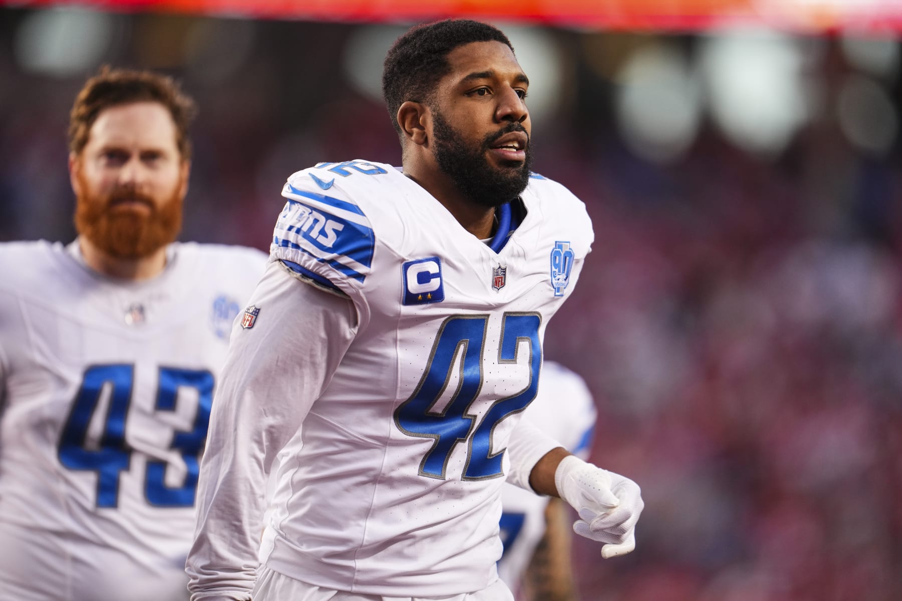 SANTA CLARA, CA - JANUARY 28: Jalen Reeves-Maybin #42 of the Detroit Lions runs off of the field during the NFC Championship NFL football game against the San Francisco 49ers at Levi's Stadium on January 28, 2024 in Santa Clara, California. (Photo by Cooper Neill/Getty Images)