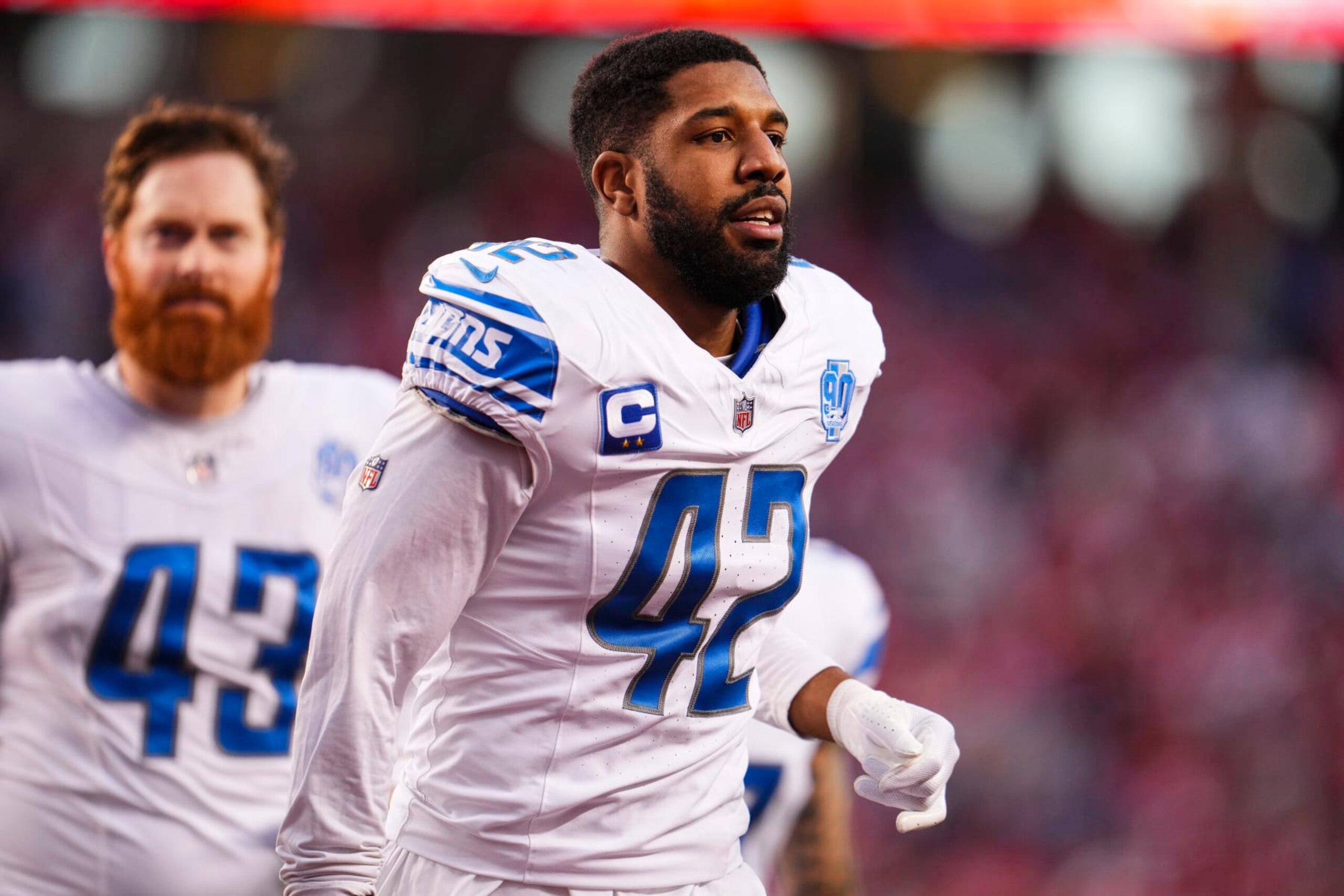 SANTA CLARA, CA - JANUARY 28: Jalen Reeves-Maybin #42 of the Detroit Lions runs off of the field during the NFC Championship NFL football game against the San Francisco 49ers at Levi's Stadium on January 28, 2024 in Santa Clara, California. (Photo by Cooper Neill/Getty Images) SANTA CLARA, CA - JANUARY 28: Jalen Reeves-Maybin #42 of the Detroit Lions runs off of the field during the NFC Championship NFL football game against the San Francisco 49ers at Levi's Stadium on January 28, 2024 in Santa Clara, California. (Photo by Cooper Neill/Getty Images)