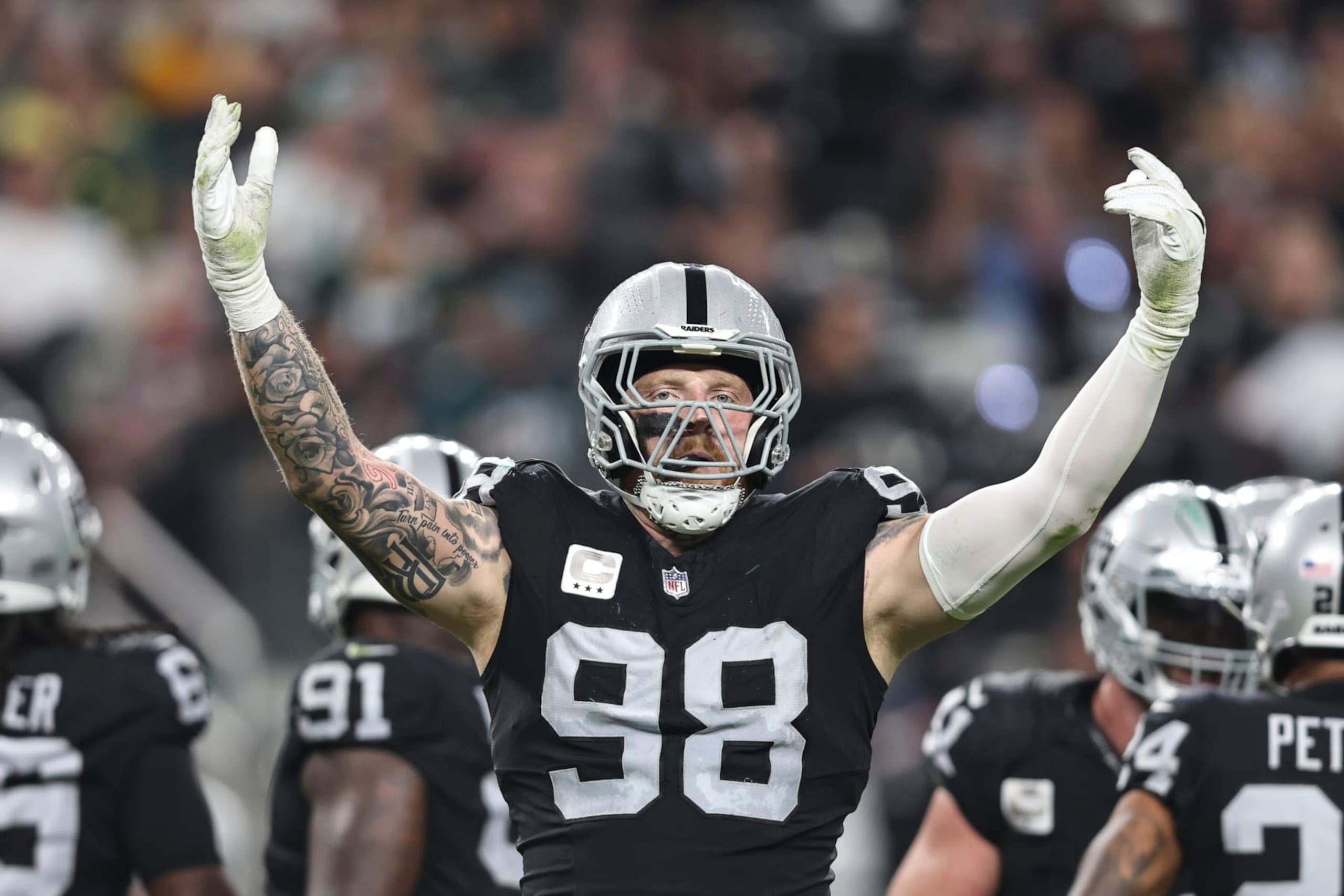 LAS VEGAS, NEVADA - OCTOBER 09: Maxx Crosby #98 of the Las Vegas Raiders celebrates during an NFL football game between the Las Vegas Raiders and the Green Bay Packers at Allegiant Stadium on October 09, 2023 in Las Vegas, Nevada. (Photo by Michael Owens/Getty Images)